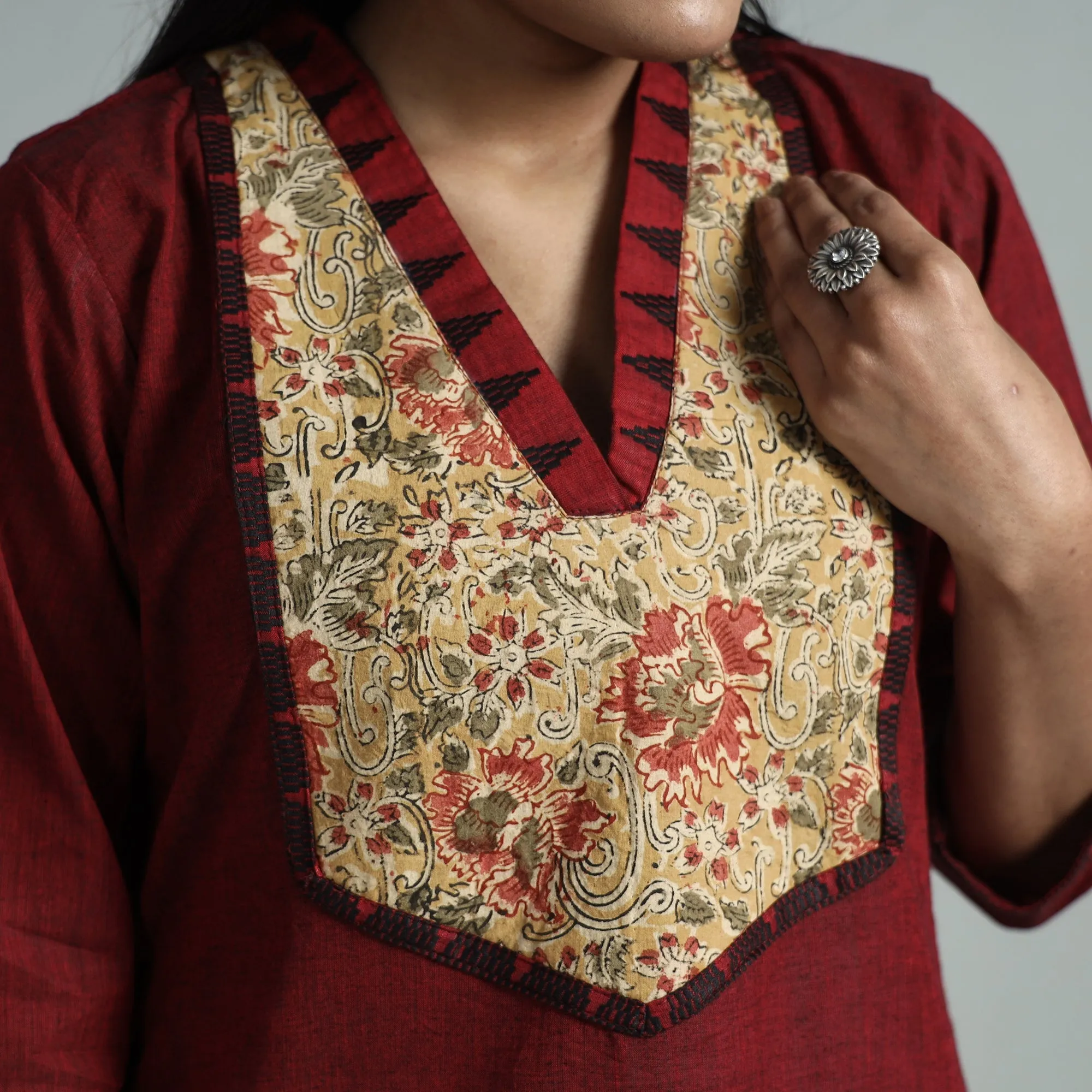 Maroon - Dharwad Cotton Straight Kurta with Kalamkari Patchwork sold by Itokri product image thumbnail 4