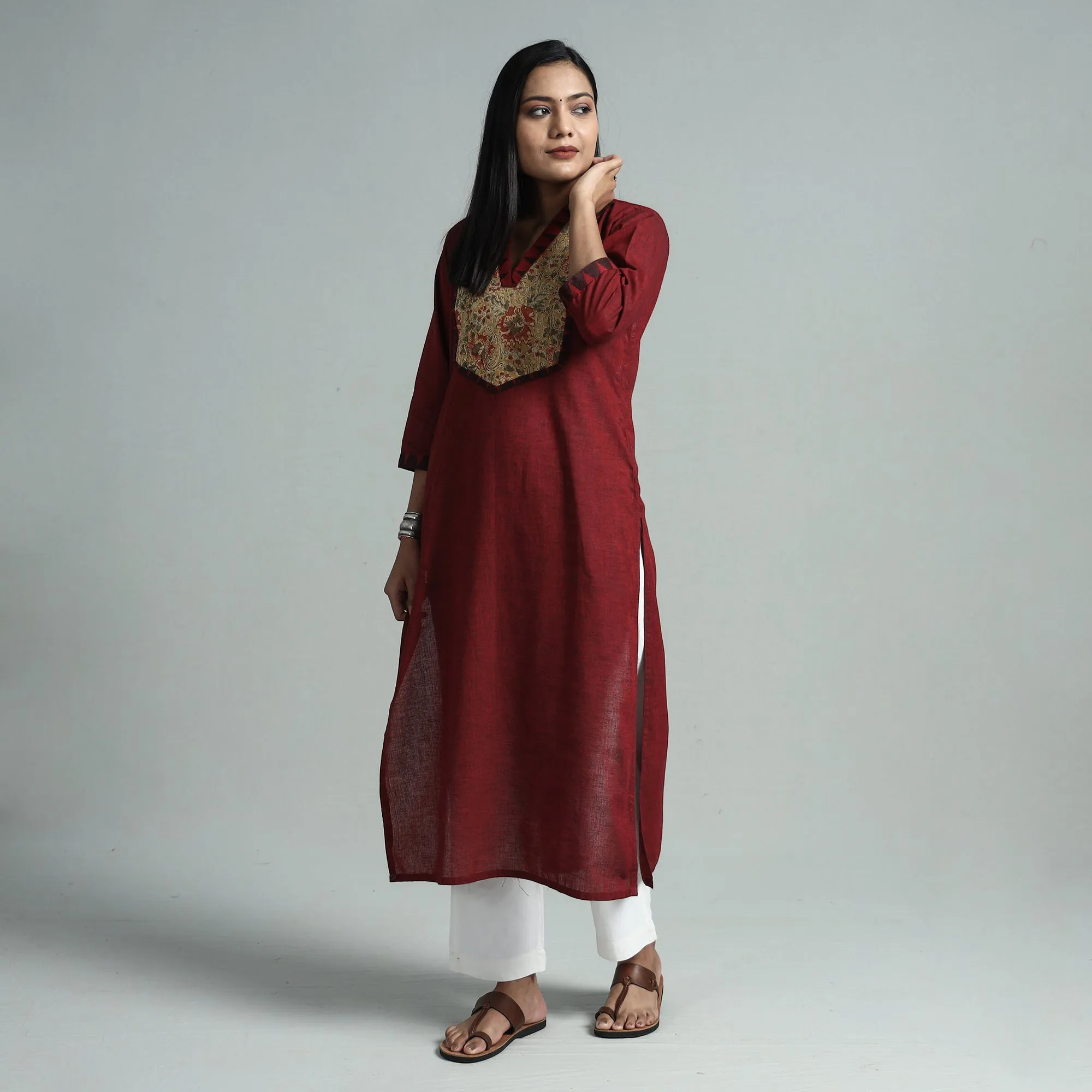 Maroon - Dharwad Cotton Straight Kurta with Kalamkari Patchwork sold by Itokri product image thumbnail 2