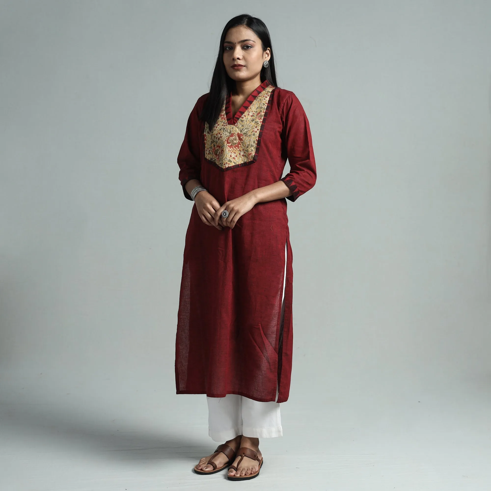 Maroon - Dharwad Cotton Straight Kurta with Kalamkari Patchwork sold by Itokri product image thumbnail 3
