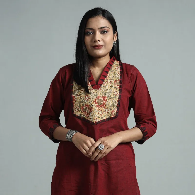 Maroon - Dharwad Cotton Straight Kurta with Kalamkari Patchwork made by Itokri