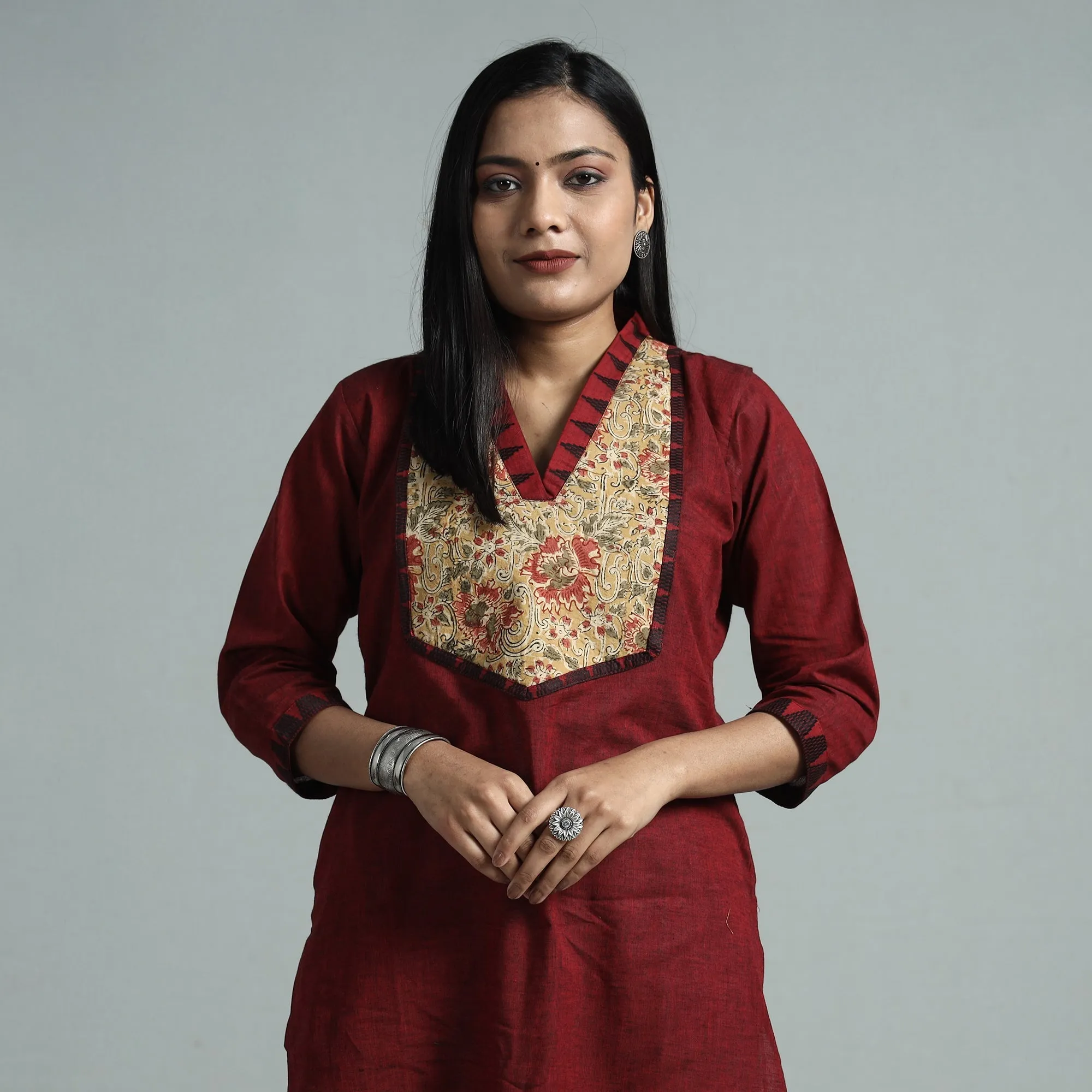 Maroon - Dharwad Cotton Straight Kurta with Kalamkari Patchwork sold by Itokri