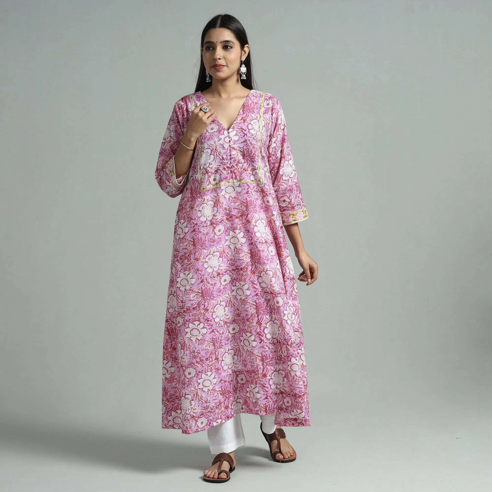 Pink - Sanganeri Block Printed Cotton A-Line Kurta sold by Itokri product image thumbnail 2