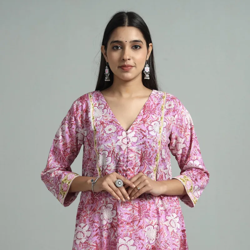 Pink - Sanganeri Block Printed Cotton A-Line Kurta made by Itokri