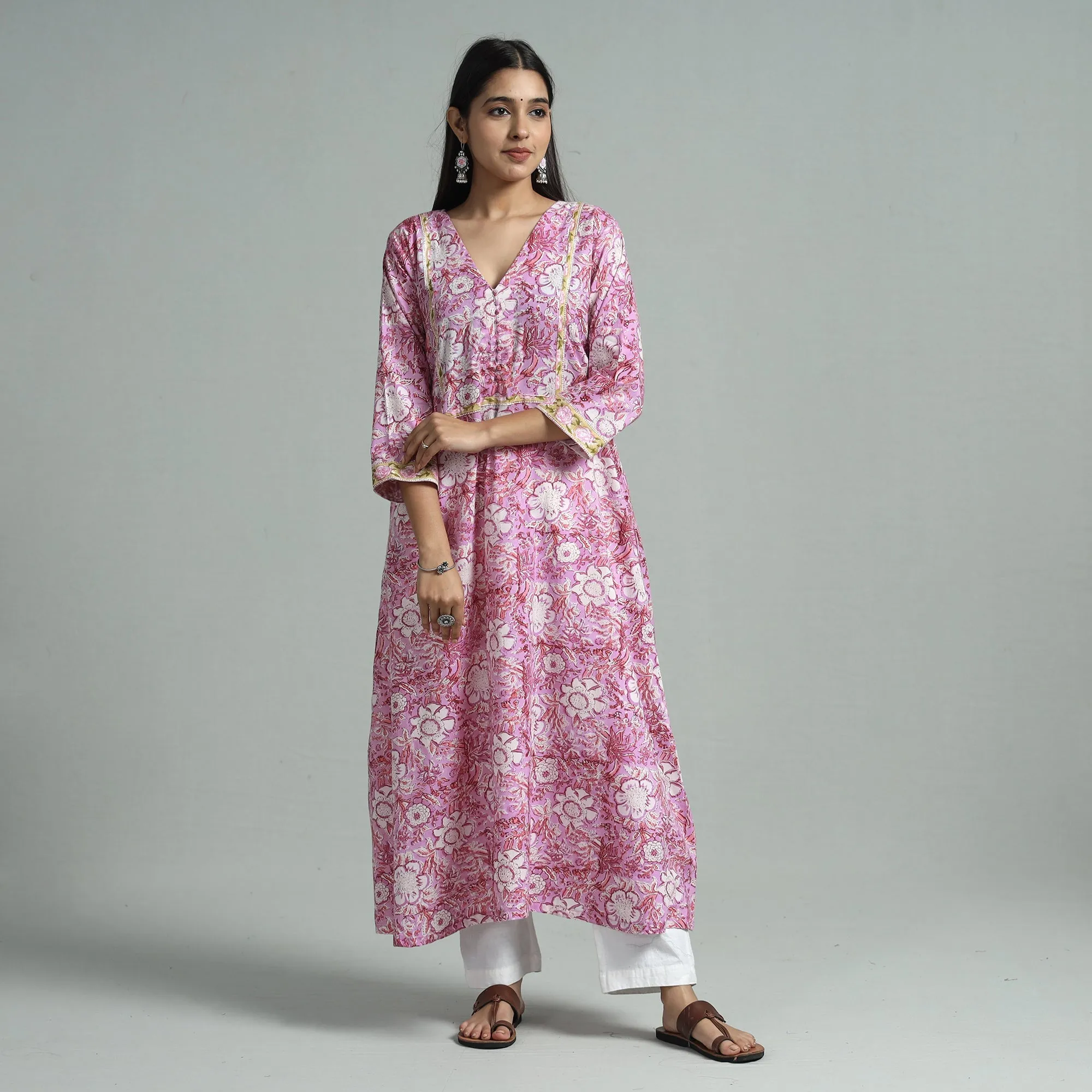 Pink - Sanganeri Block Printed Cotton A-Line Kurta sold by Itokri product image thumbnail 3