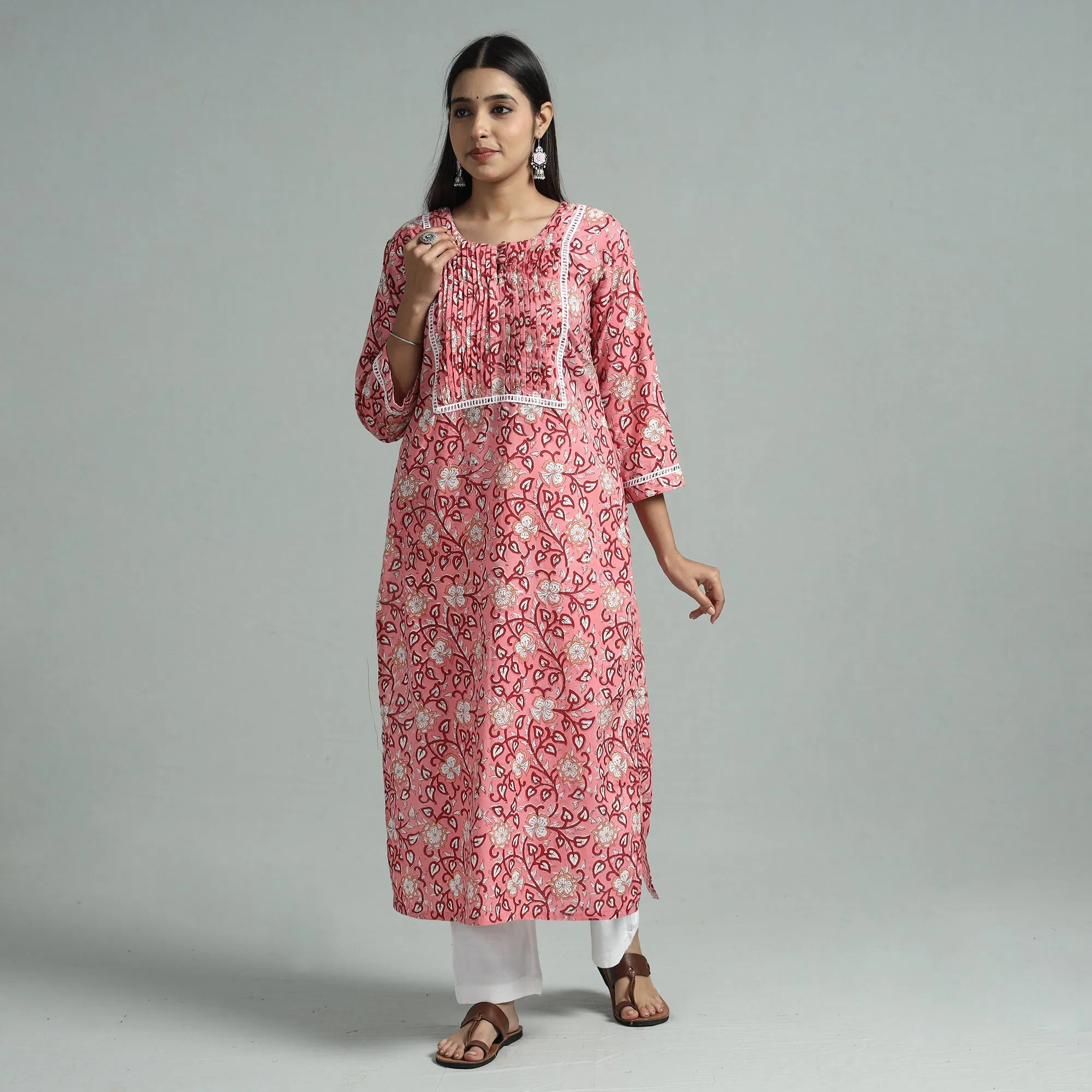 Pink - Sanganeri Block Printed Cotton Pintuck Straight Kurta with Lace Work sold by Itokri product image thumbnail 2