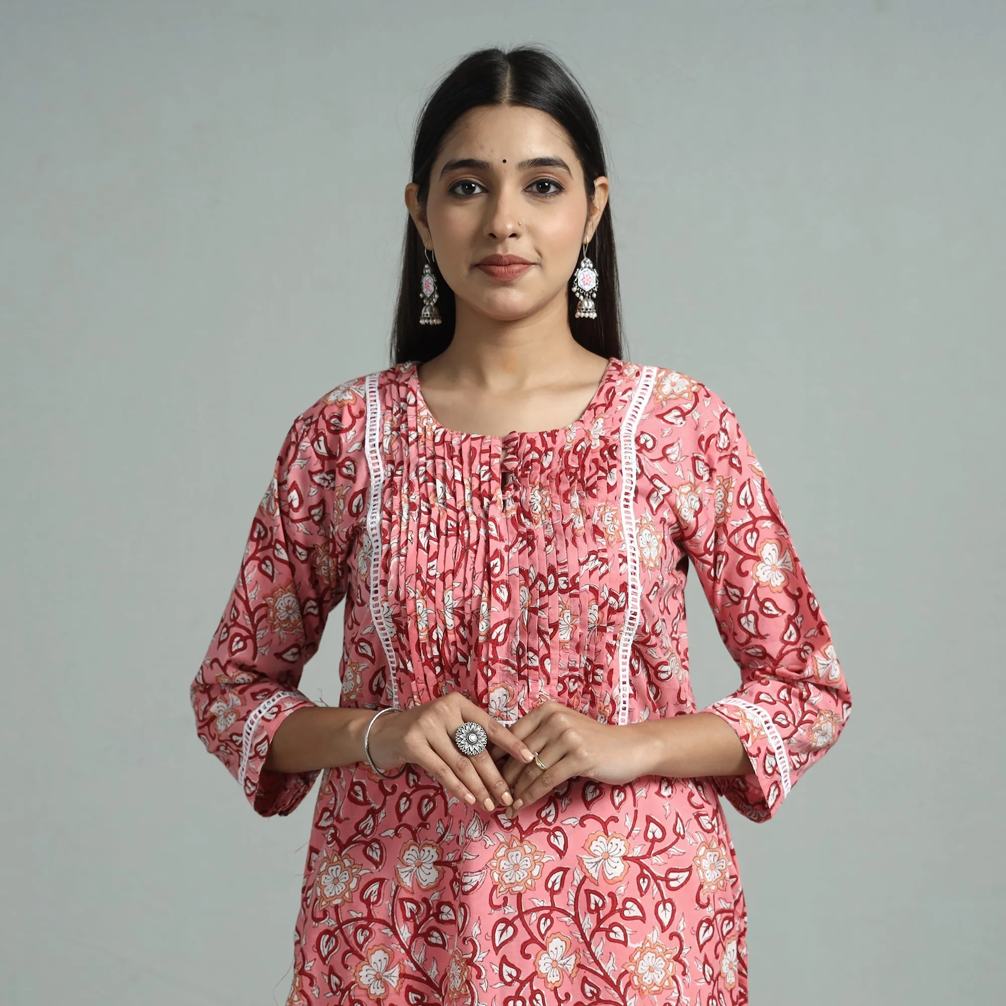 Pink - Sanganeri Block Printed Cotton Pintuck Straight Kurta with Lace Work sold by Itokri