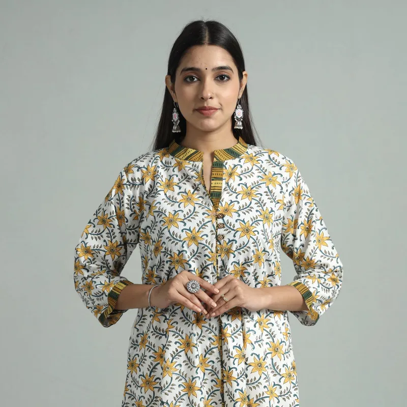 Yellow - White - Sanganeri Block Printed Cotton A-Line Kurta made by Itokri