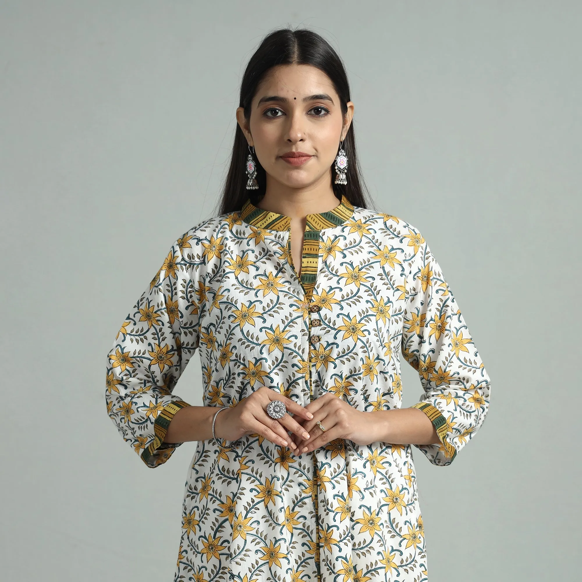 Yellow - White - Sanganeri Block Printed Cotton A-Line Kurta sold by Itokri