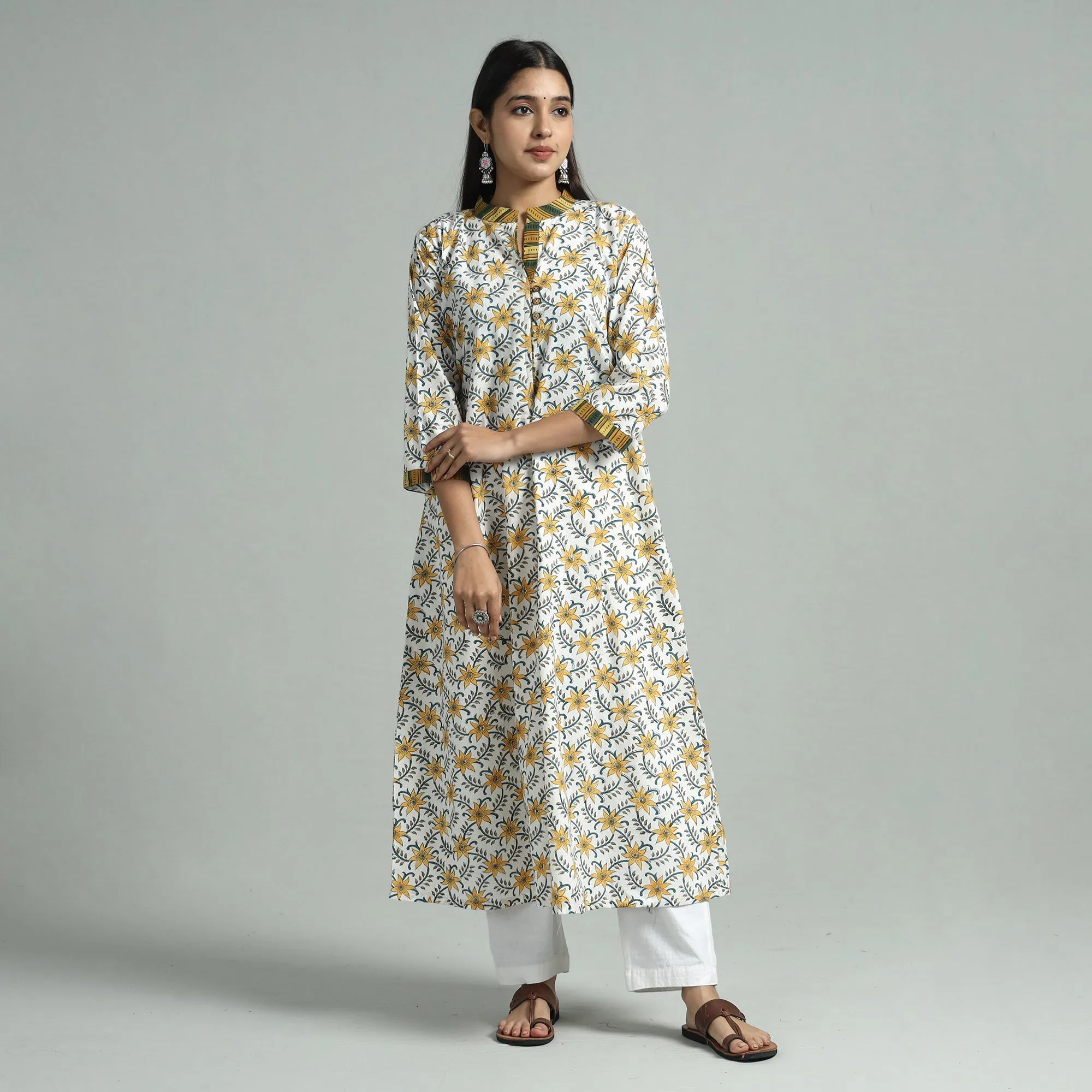 Yellow - White - Sanganeri Block Printed Cotton A-Line Kurta sold by Itokri product image thumbnail 3