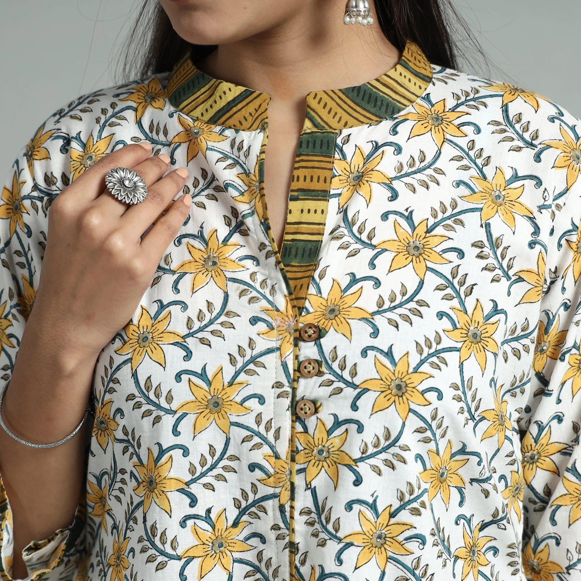 Yellow - White - Sanganeri Block Printed Cotton A-Line Kurta sold by Itokri product image thumbnail 4