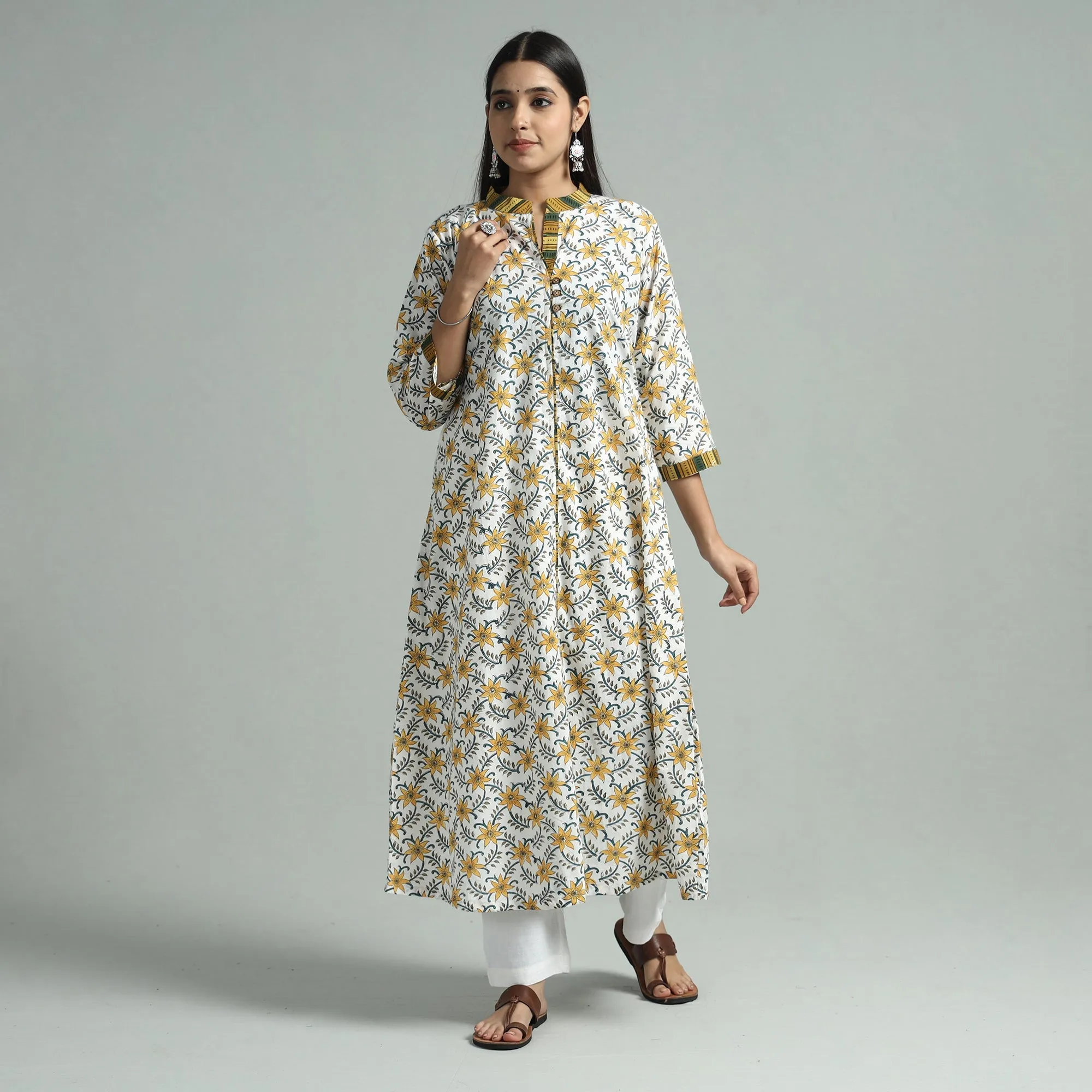 Yellow - White - Sanganeri Block Printed Cotton A-Line Kurta sold by Itokri product image thumbnail 2