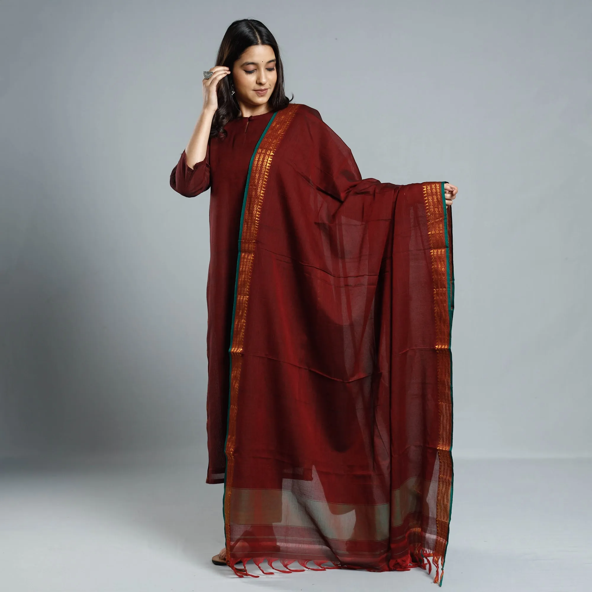 Maroon - Dharwad Cotton Kurta with Palazzo & Dupatta Set sold by Itokri product image thumbnail 2