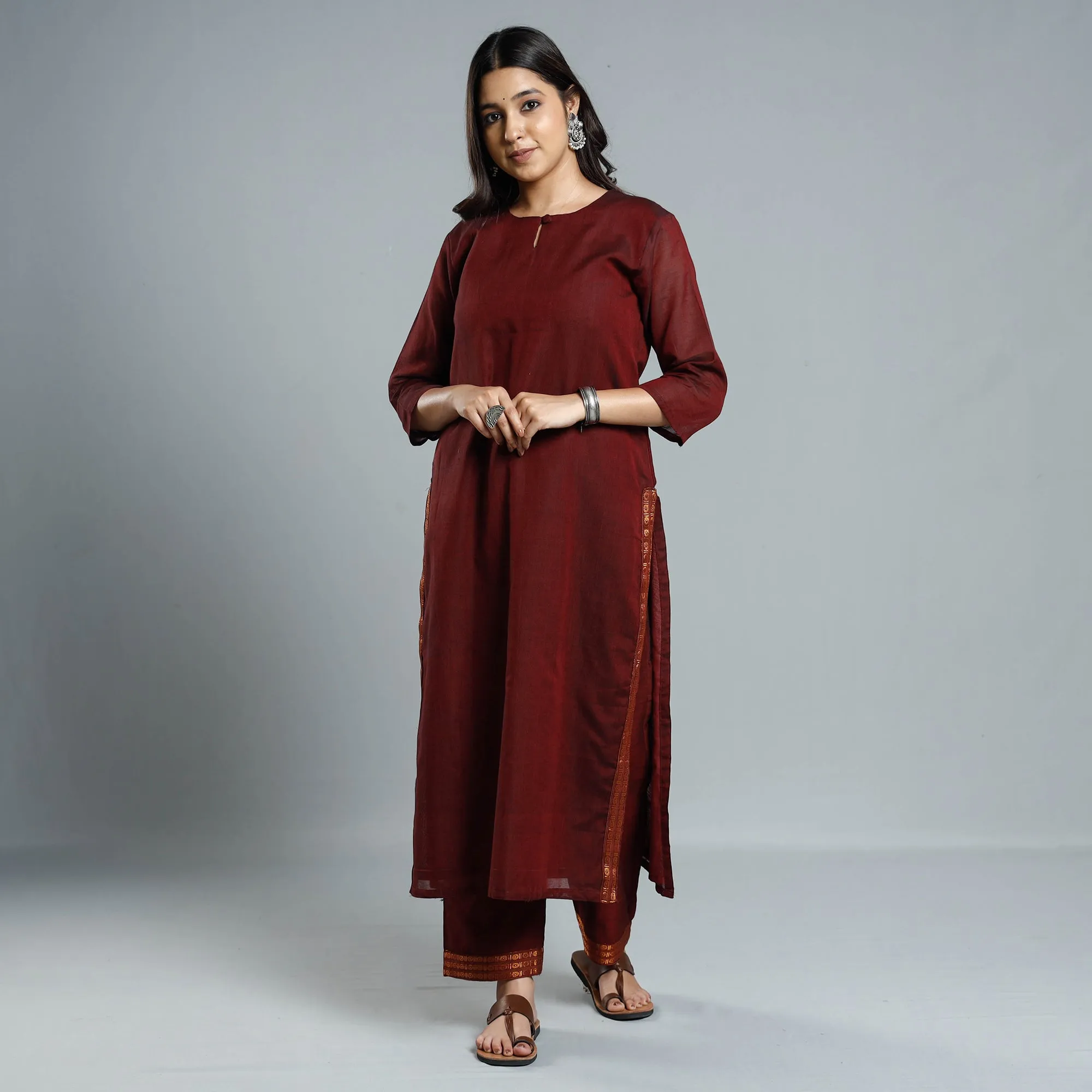 Maroon - Dharwad Cotton Kurta with Palazzo & Dupatta Set sold by Itokri product image thumbnail 3