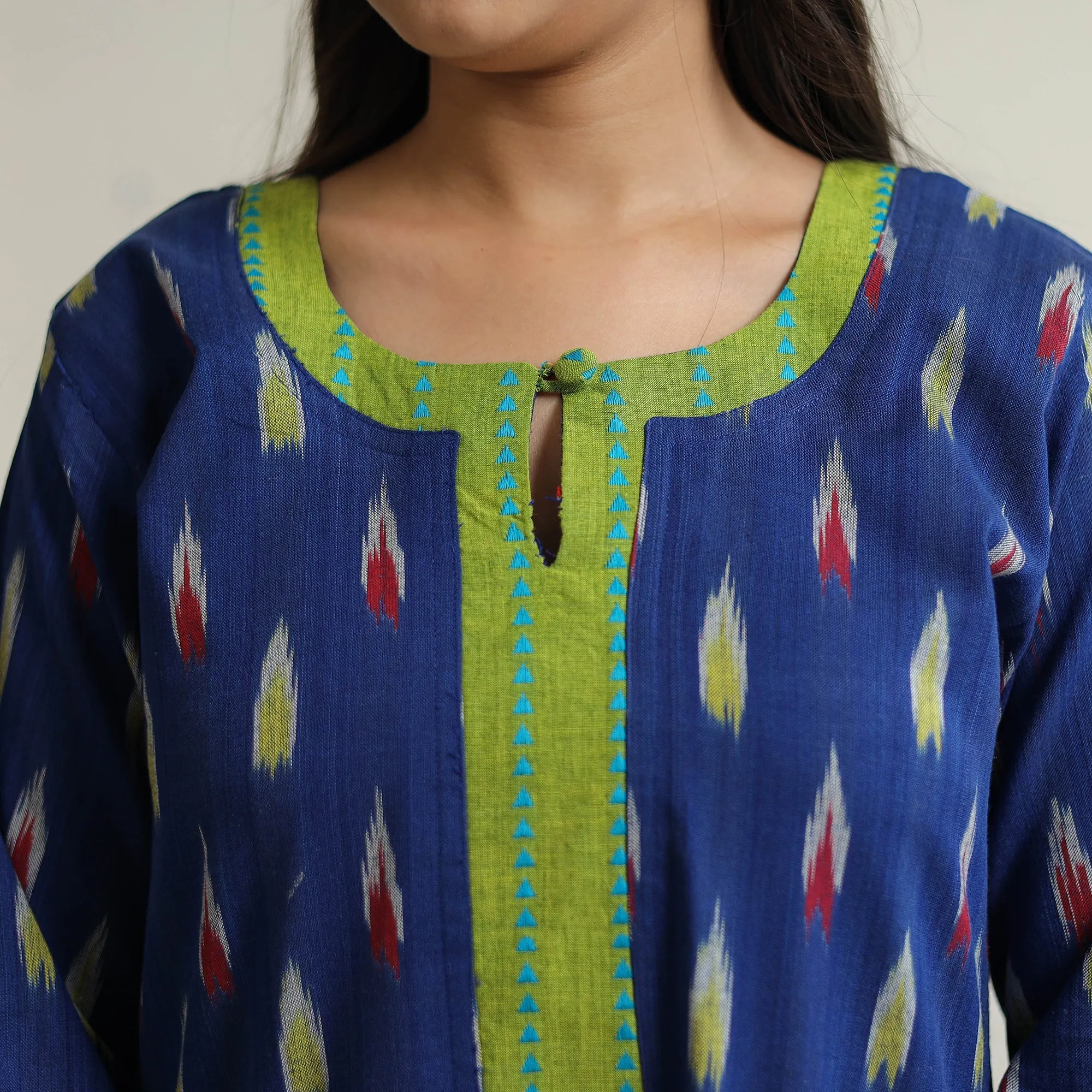 Blue - Pochampally Ikat Weave Cotton A-Line Kurta with Jacquard Patchwork 27 sold by Itokri product image thumbnail 5