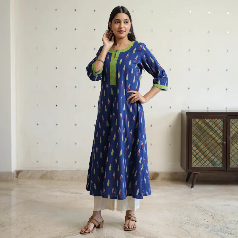 Blue - Pochampally Ikat Weave Cotton A-Line Kurta with Jacquard Patchwork 27 made by Itokri