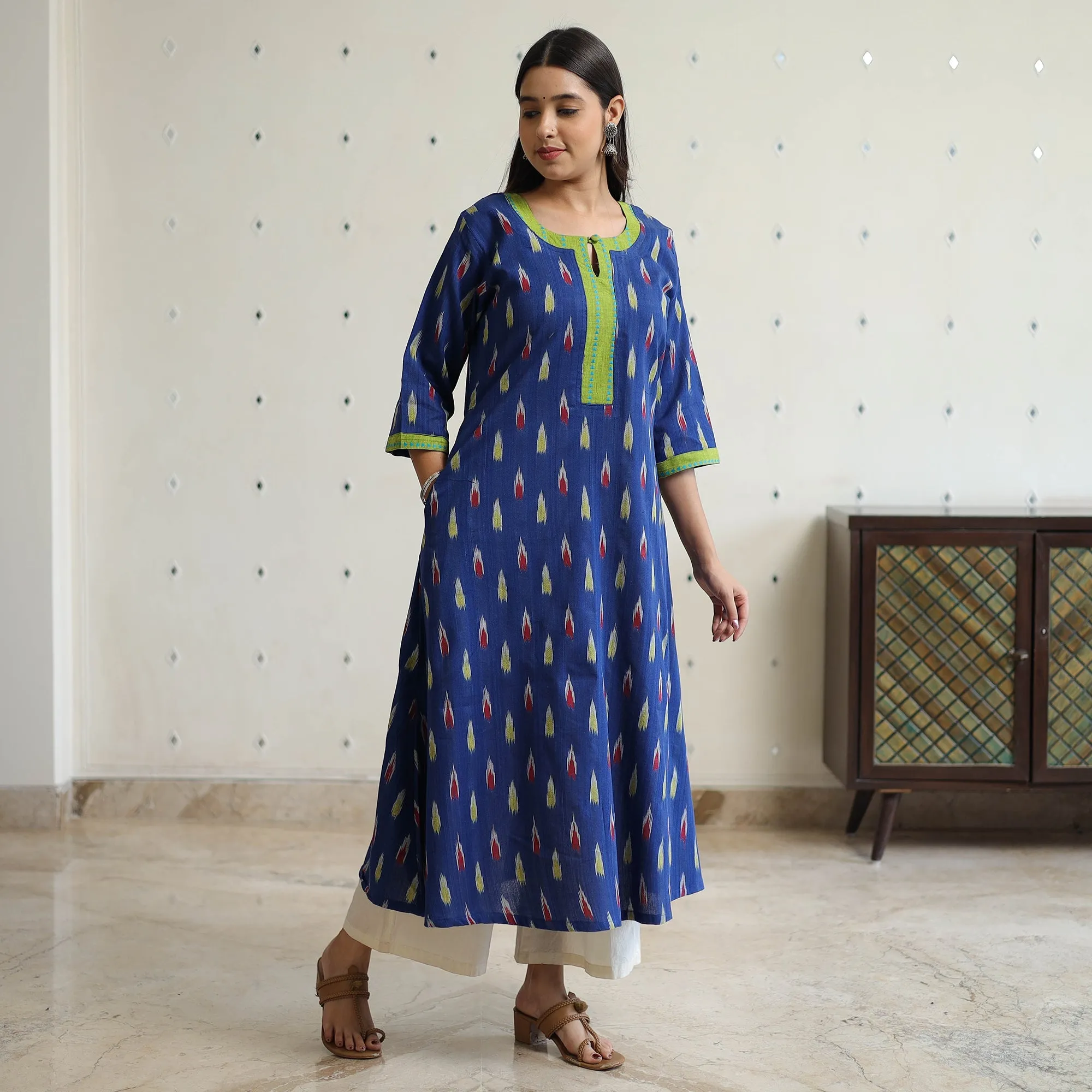 Blue - Pochampally Ikat Weave Cotton A-Line Kurta with Jacquard Patchwork 27 sold by Itokri product image thumbnail 2