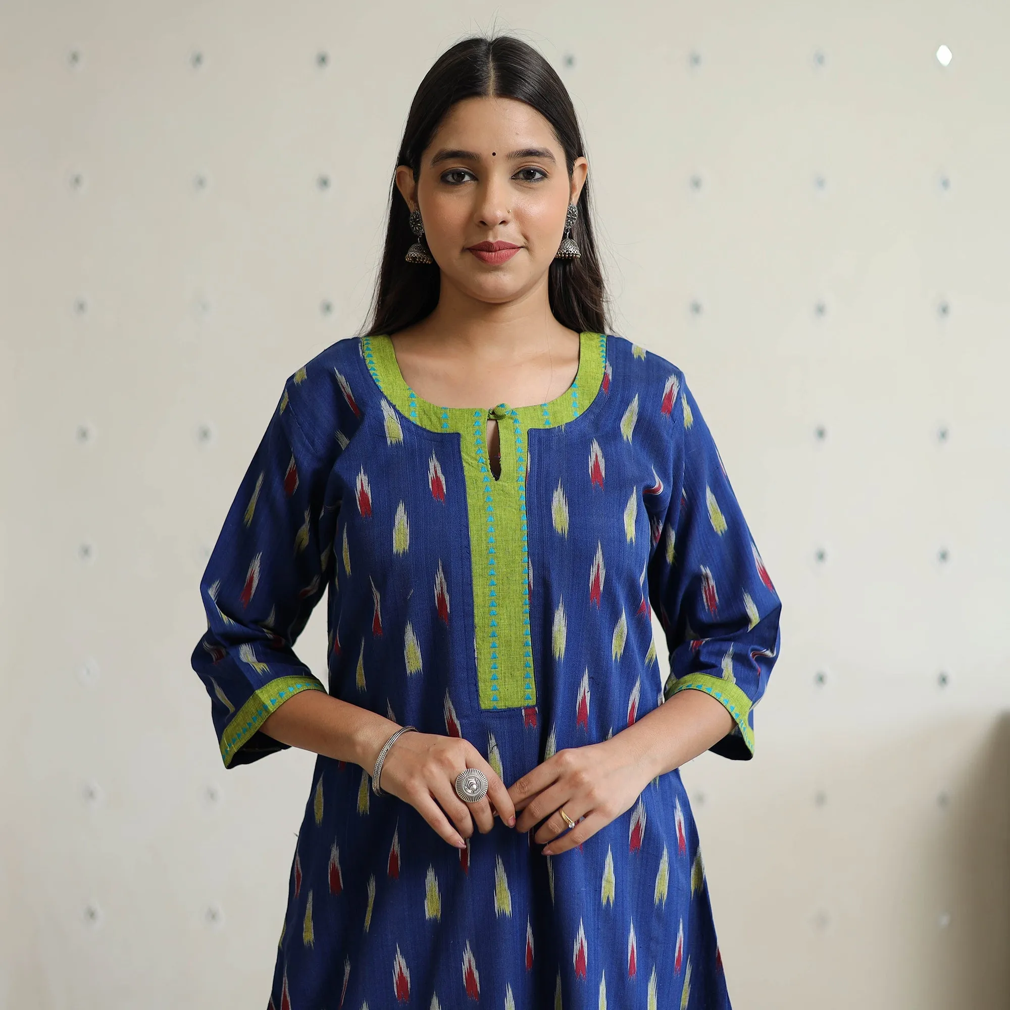 Blue - Pochampally Ikat Weave Cotton A-Line Kurta with Jacquard Patchwork 27 sold by Itokri product image thumbnail 4