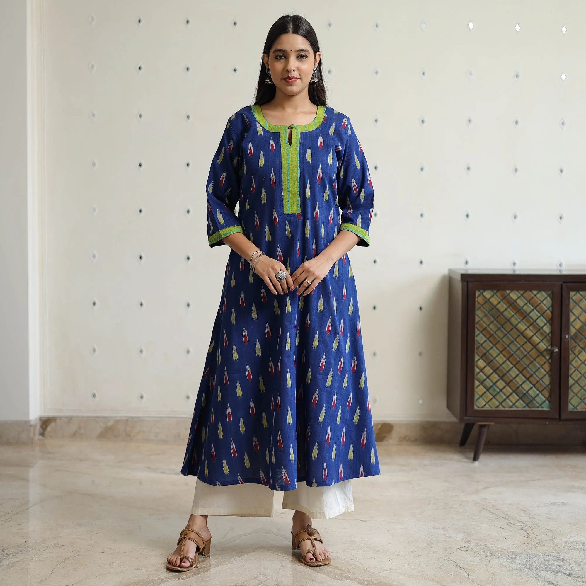 Blue - Pochampally Ikat Weave Cotton A-Line Kurta with Jacquard Patchwork 27 sold by Itokri product image thumbnail 3