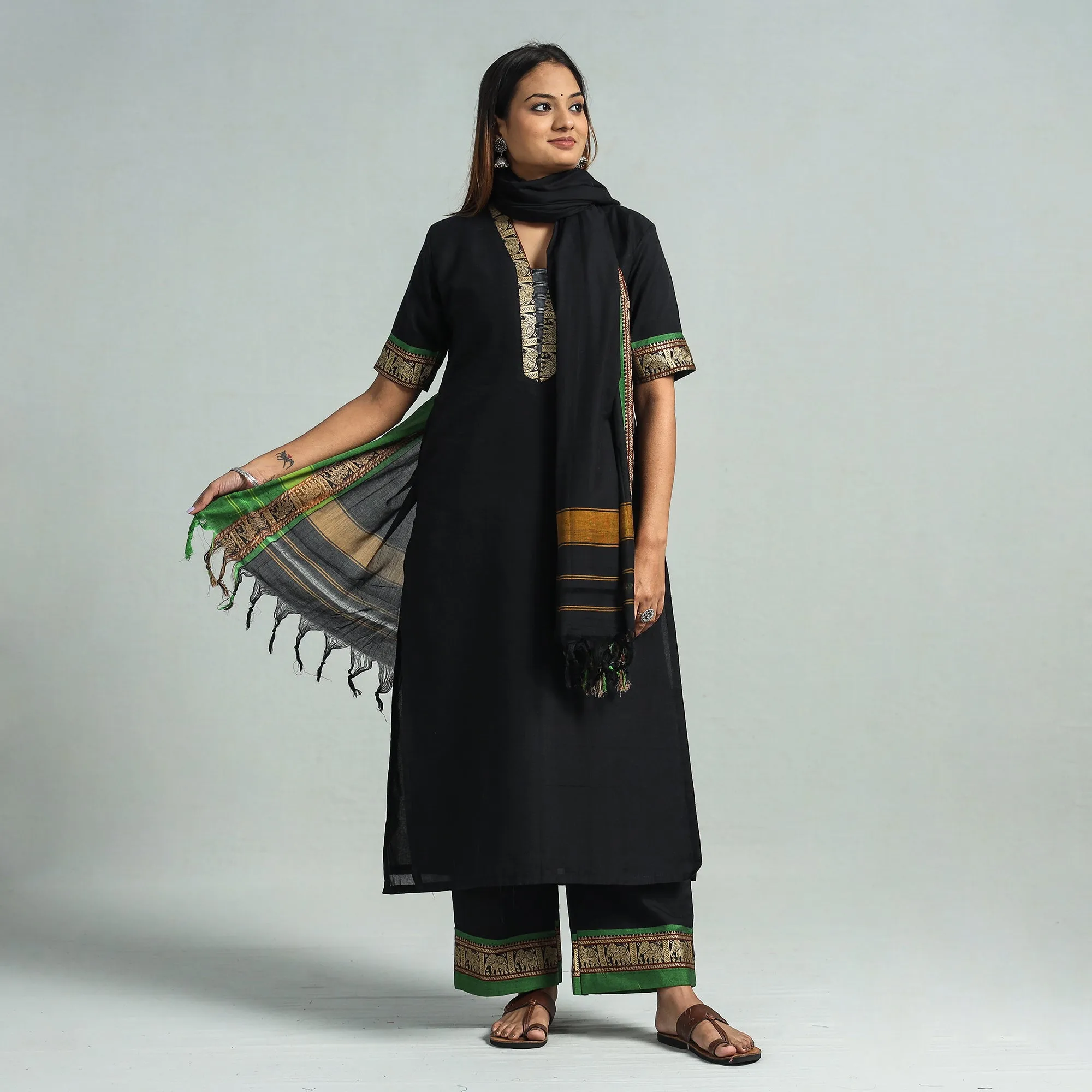 Black - Dharwad Cotton Kurta with Palazzo & Dupatta Set sold by Itokri product image thumbnail 2