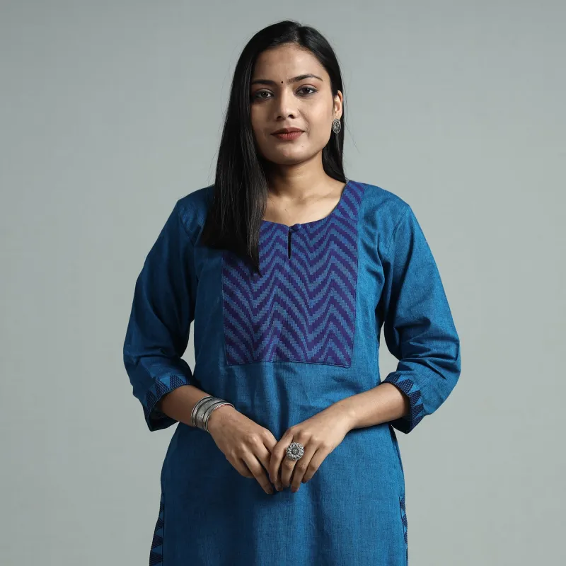 Blue - Dharwad Cotton Straight Kurta with Jacquard Patchwork made by Itokri