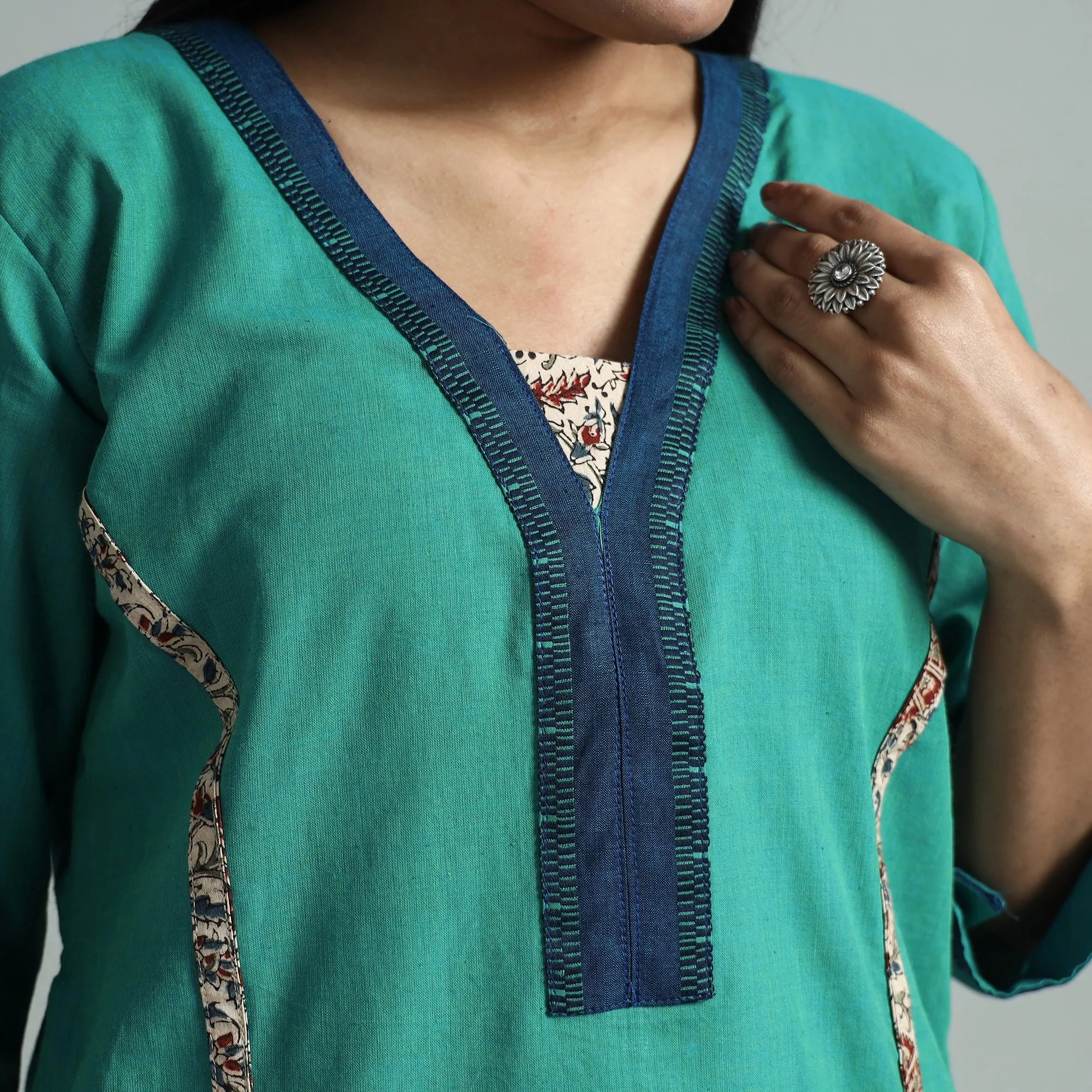 Sea Green - Dharwad Cotton Straight Kurta with Kalamkari Patchwork sold by Itokri product image thumbnail 4