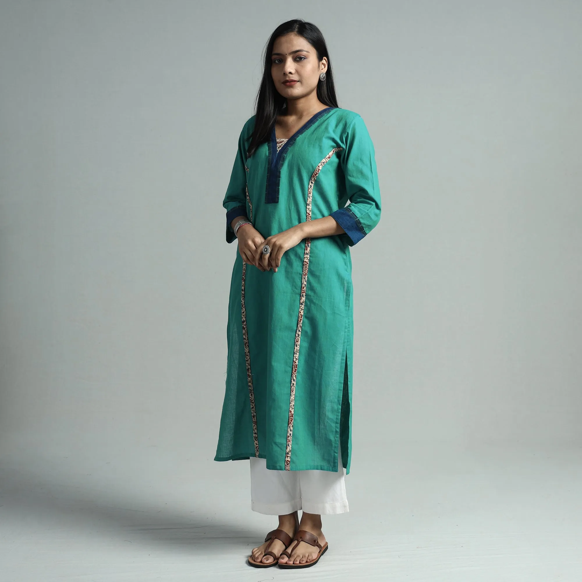 Sea Green - Dharwad Cotton Straight Kurta with Kalamkari Patchwork sold by Itokri product image thumbnail 3