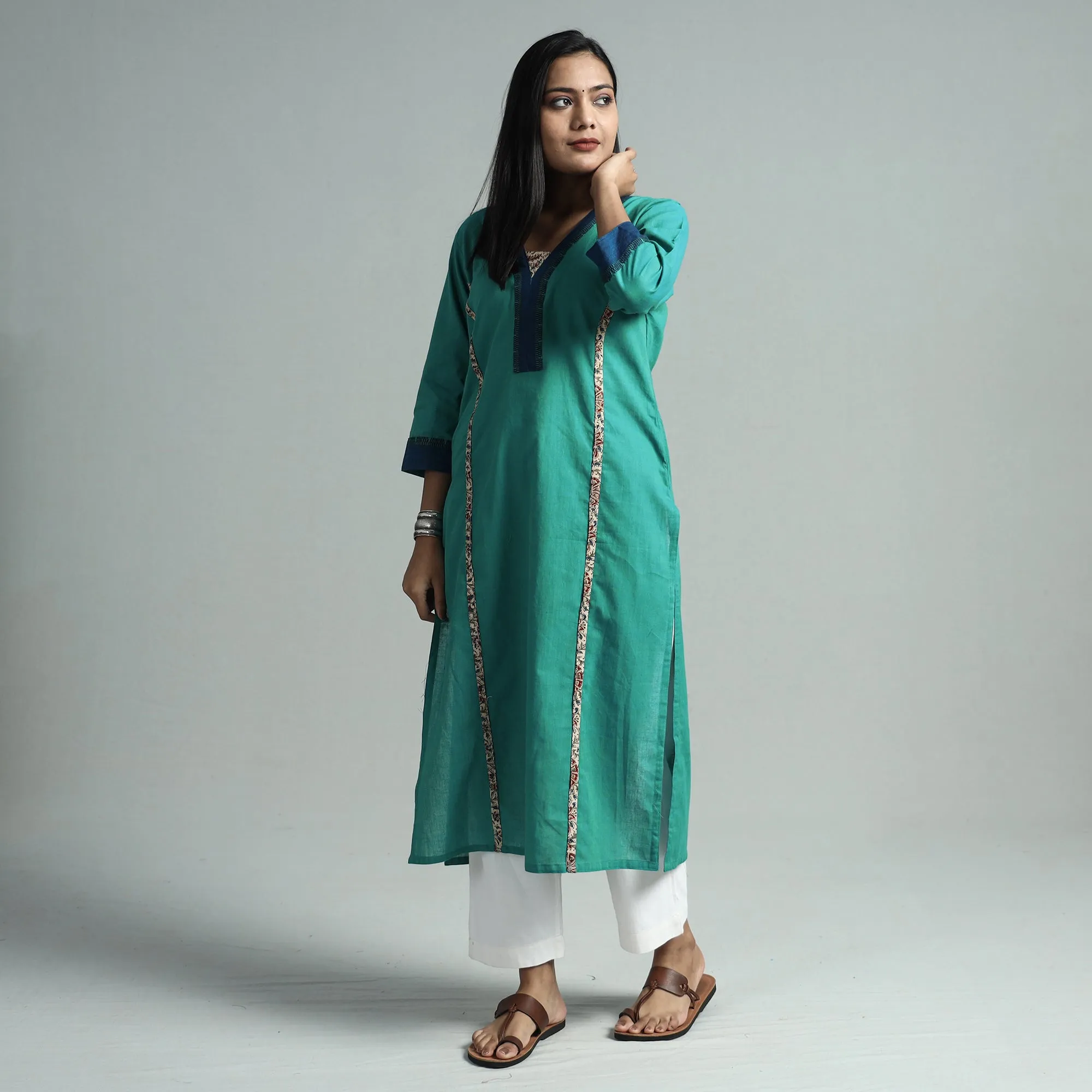 Sea Green - Dharwad Cotton Straight Kurta with Kalamkari Patchwork sold by Itokri product image thumbnail 2