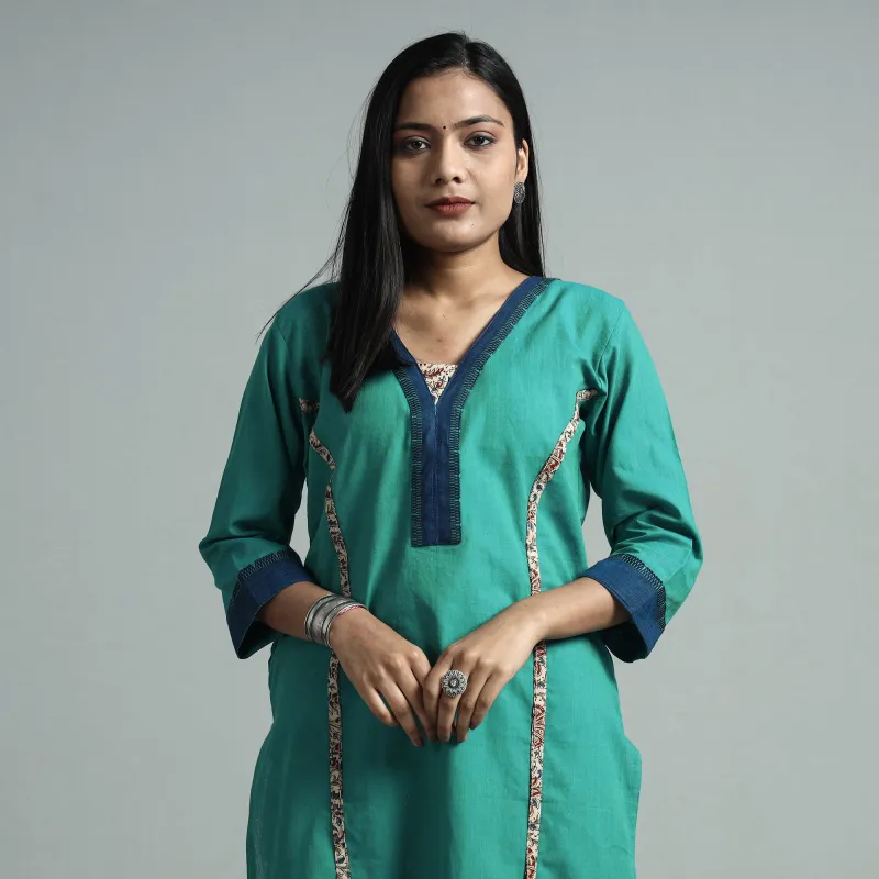 Sea Green - Dharwad Cotton Straight Kurta with Kalamkari Patchwork made by Itokri