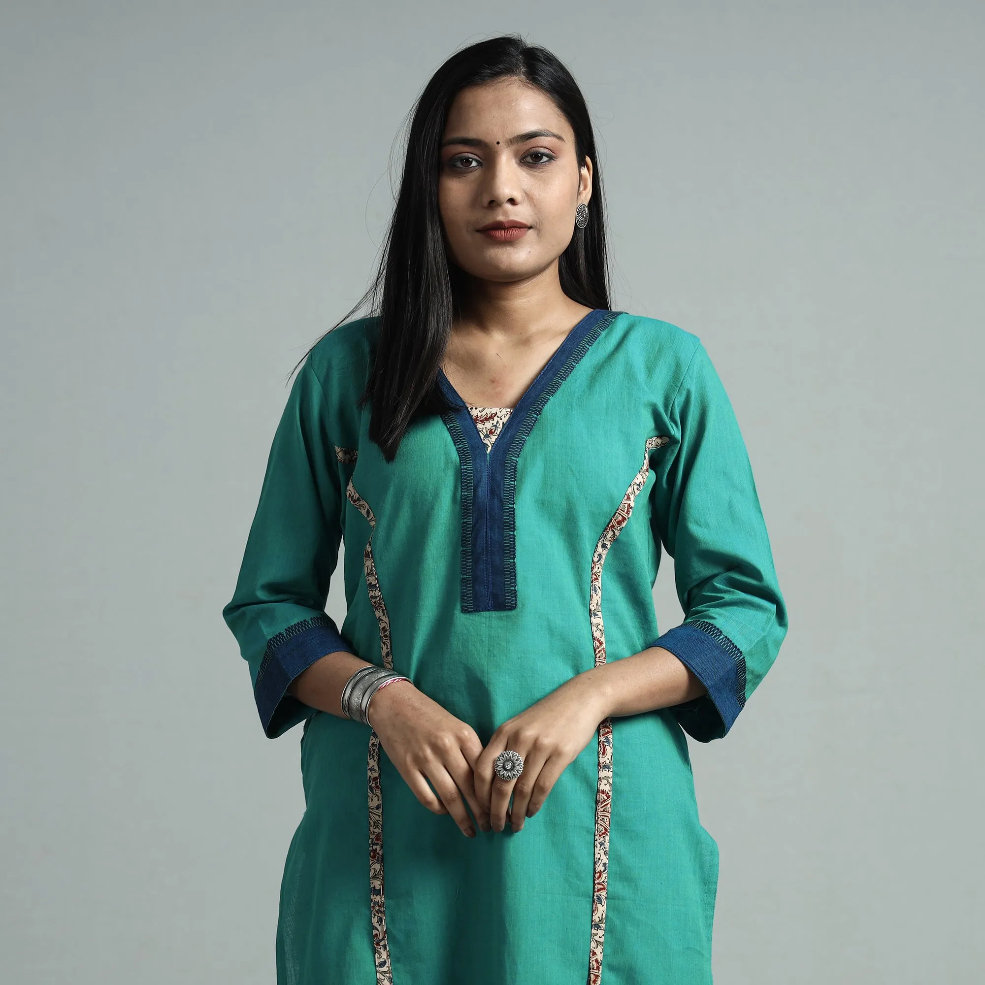 Sea Green - Dharwad Cotton Straight Kurta with Kalamkari Patchwork sold by Itokri