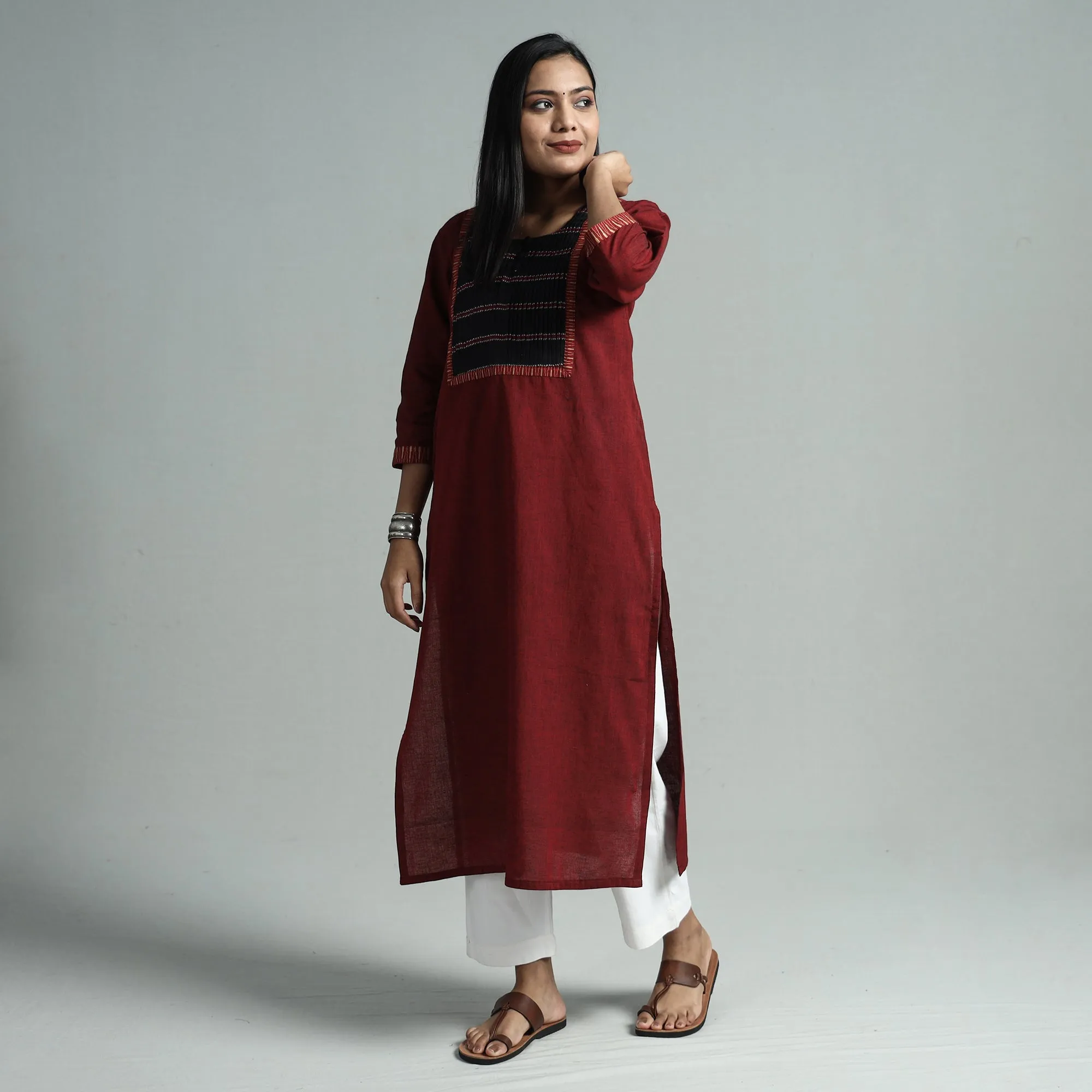 Maroon - Dharwad Cotton Straight Kurta with Pintuck Jacquard Patchwork sold by Itokri product image thumbnail 2