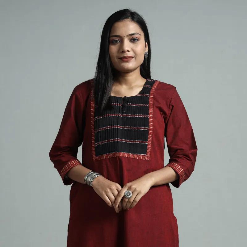 Maroon - Dharwad Cotton Straight Kurta with Pintuck Jacquard Patchwork made by Itokri