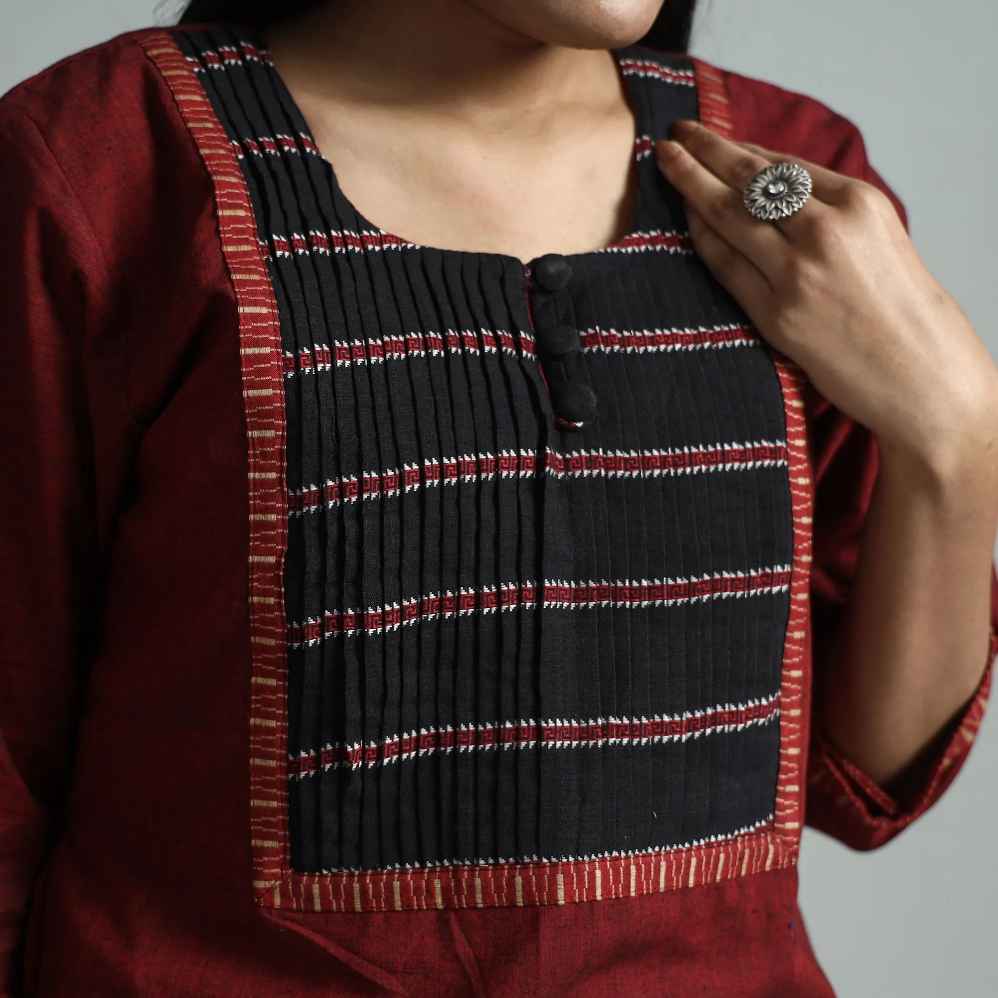 Maroon - Dharwad Cotton Straight Kurta with Pintuck Jacquard Patchwork sold by Itokri product image thumbnail 4