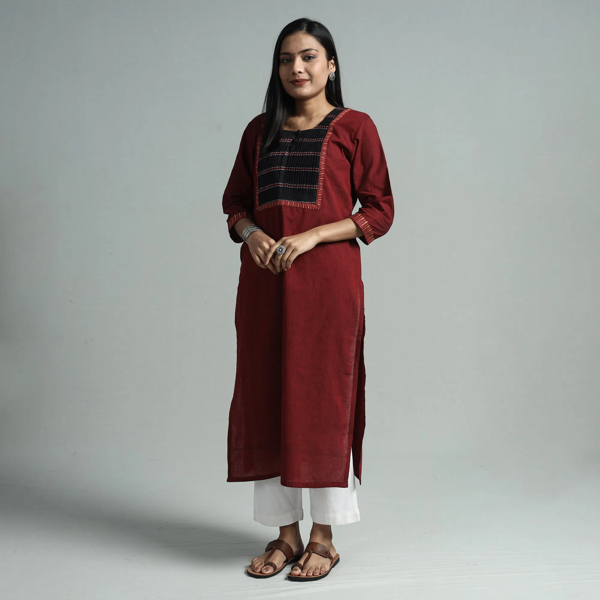 Maroon - Dharwad Cotton Straight Kurta with Pintuck Jacquard Patchwork sold by Itokri product image thumbnail 3