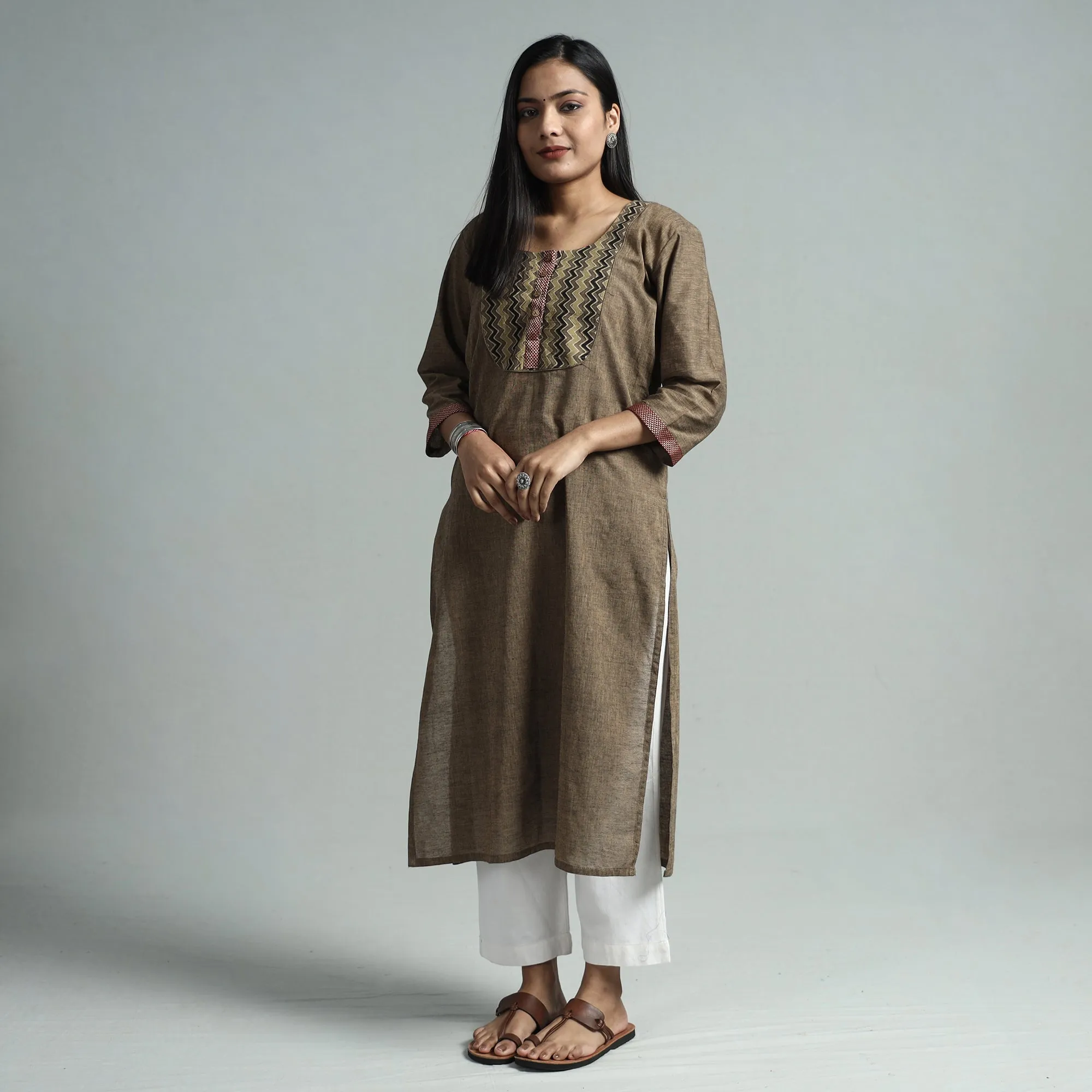 Brown - Dharwad Cotton Straight Kurta with Ajrakh Patchwork sold by Itokri product image thumbnail 3