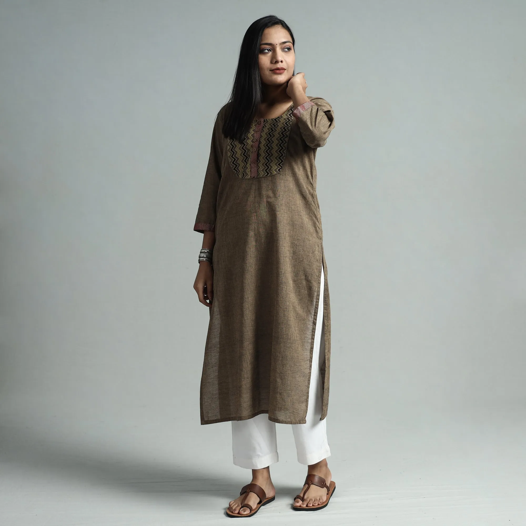 Brown - Dharwad Cotton Straight Kurta with Ajrakh Patchwork sold by Itokri product image thumbnail 2
