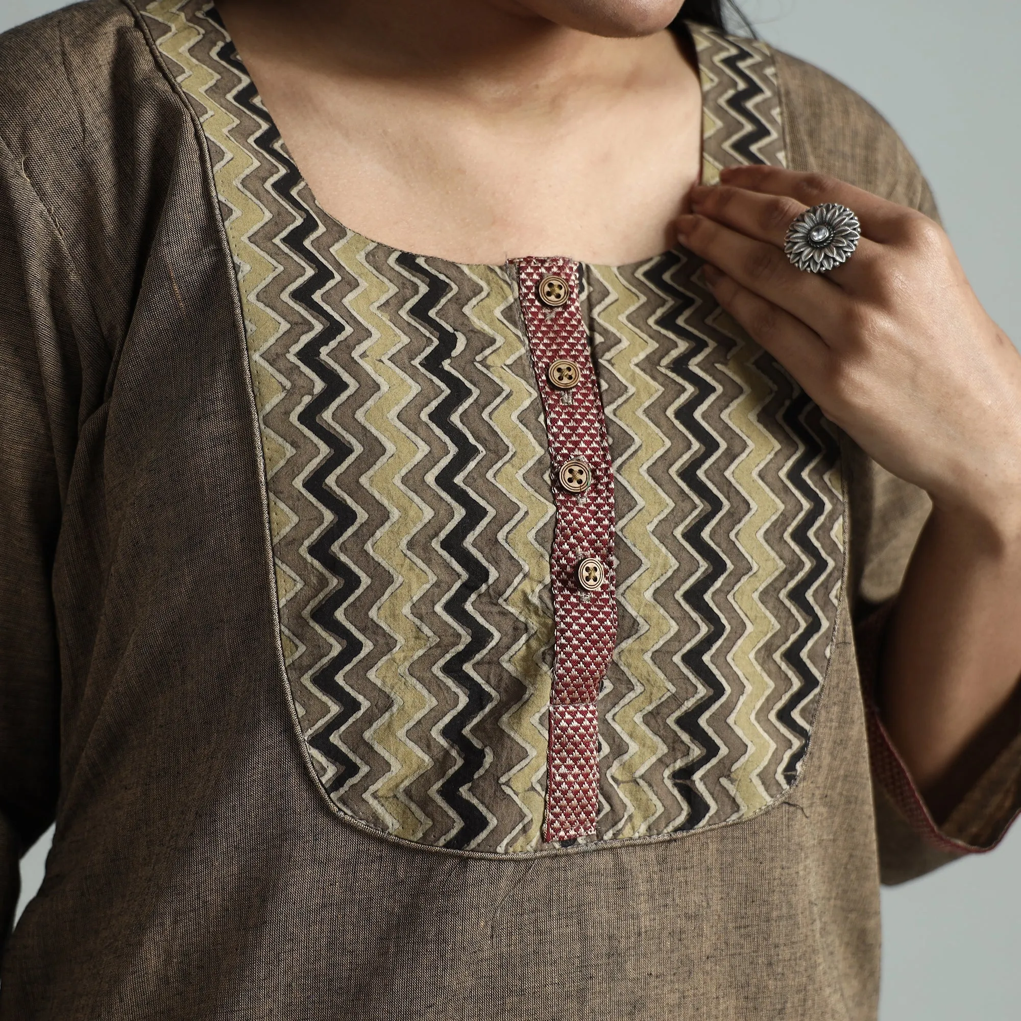 Brown - Dharwad Cotton Straight Kurta with Ajrakh Patchwork sold by Itokri product image thumbnail 4