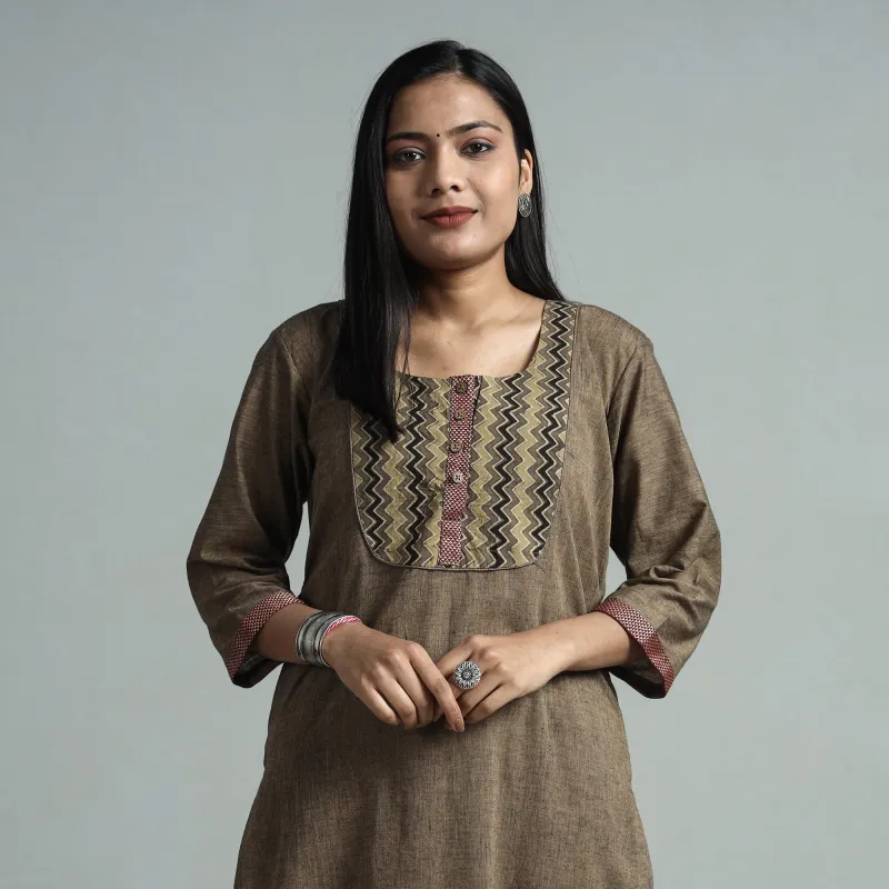 Brown - Dharwad Cotton Straight Kurta with Ajrakh Patchwork made by Itokri