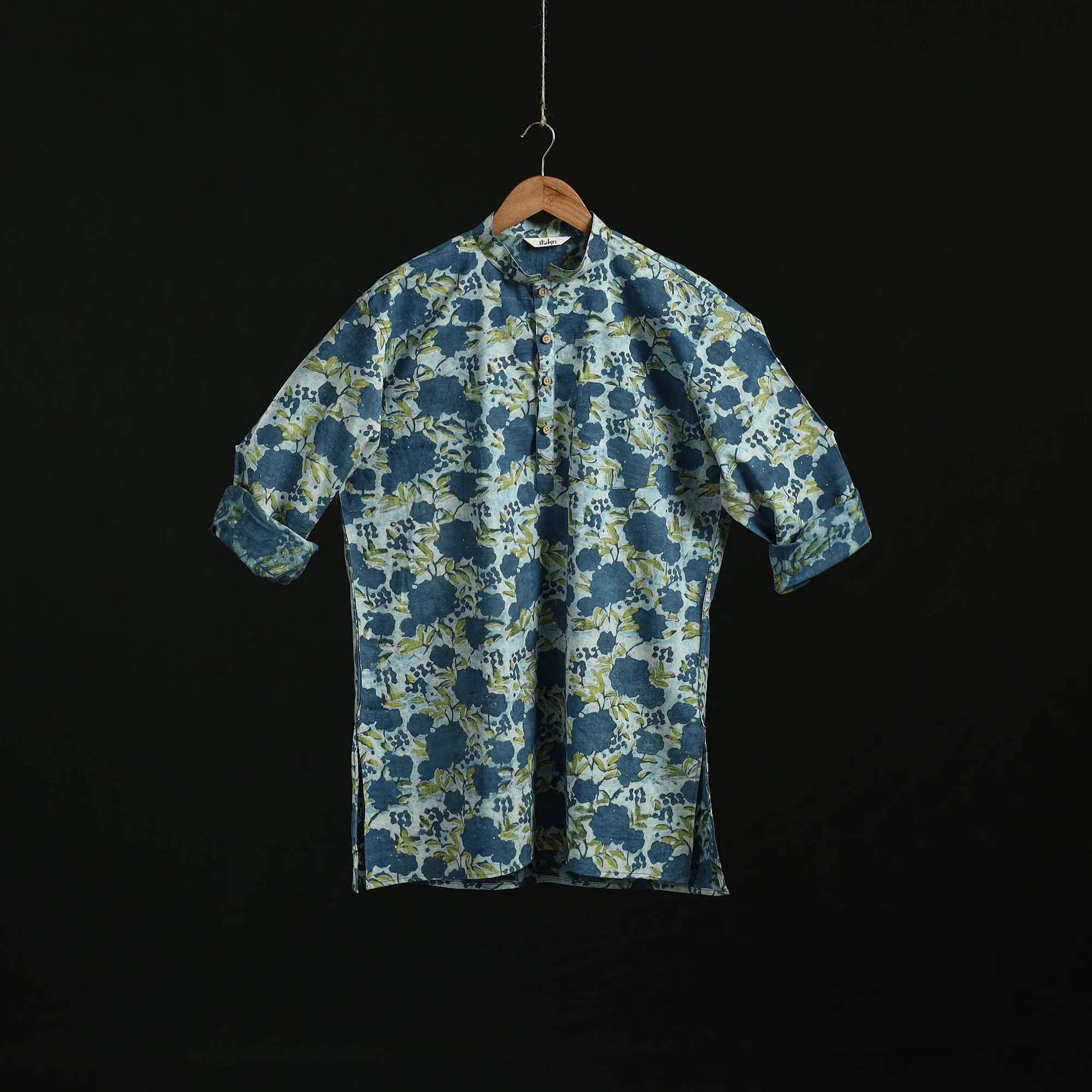 Blue - Hand Block Print Natural Dyed Cotton Short Ajrakh Dabu Bagru Kurta for Men 12 sold by Itokri product image thumbnail 3