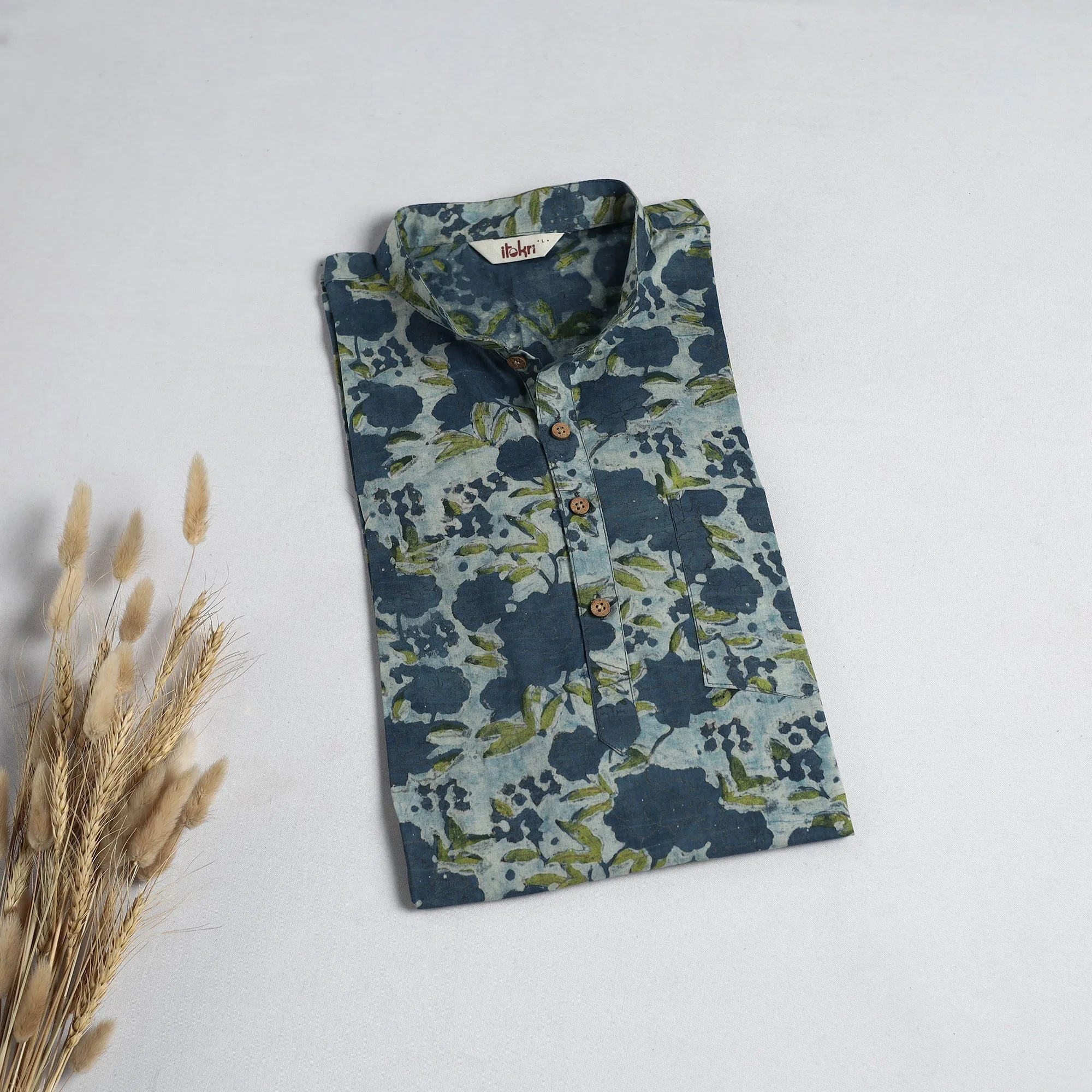 Blue - Hand Block Print Natural Dyed Cotton Short Ajrakh Dabu Bagru Kurta for Men 12 sold by Itokri product image thumbnail 2