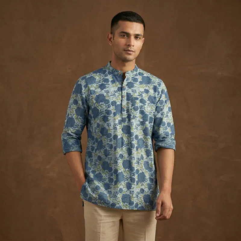 Blue - Hand Block Print Natural Dyed Cotton Short Ajrakh Dabu Bagru Kurta for Men 12 made by Itokri