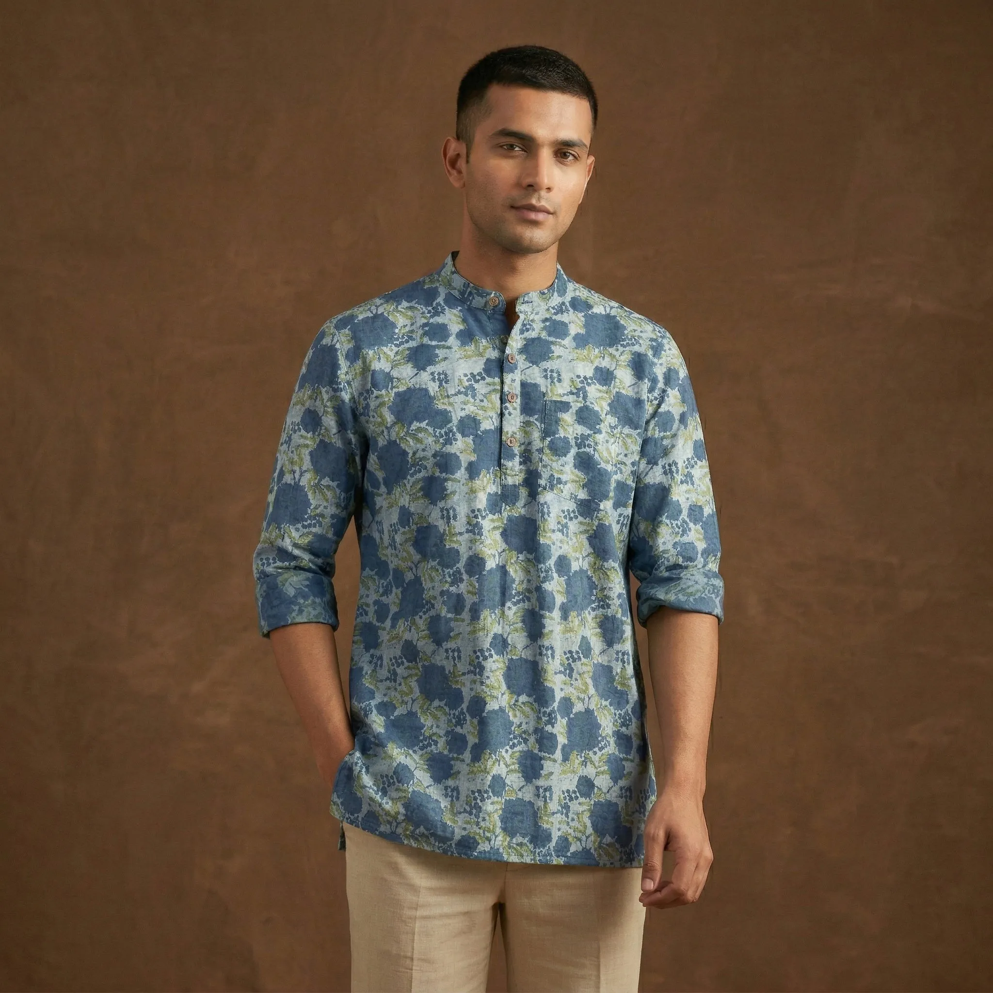 Blue - Hand Block Print Natural Dyed Cotton Short Ajrakh Dabu Bagru Kurta for Men 12 sold by Itokri