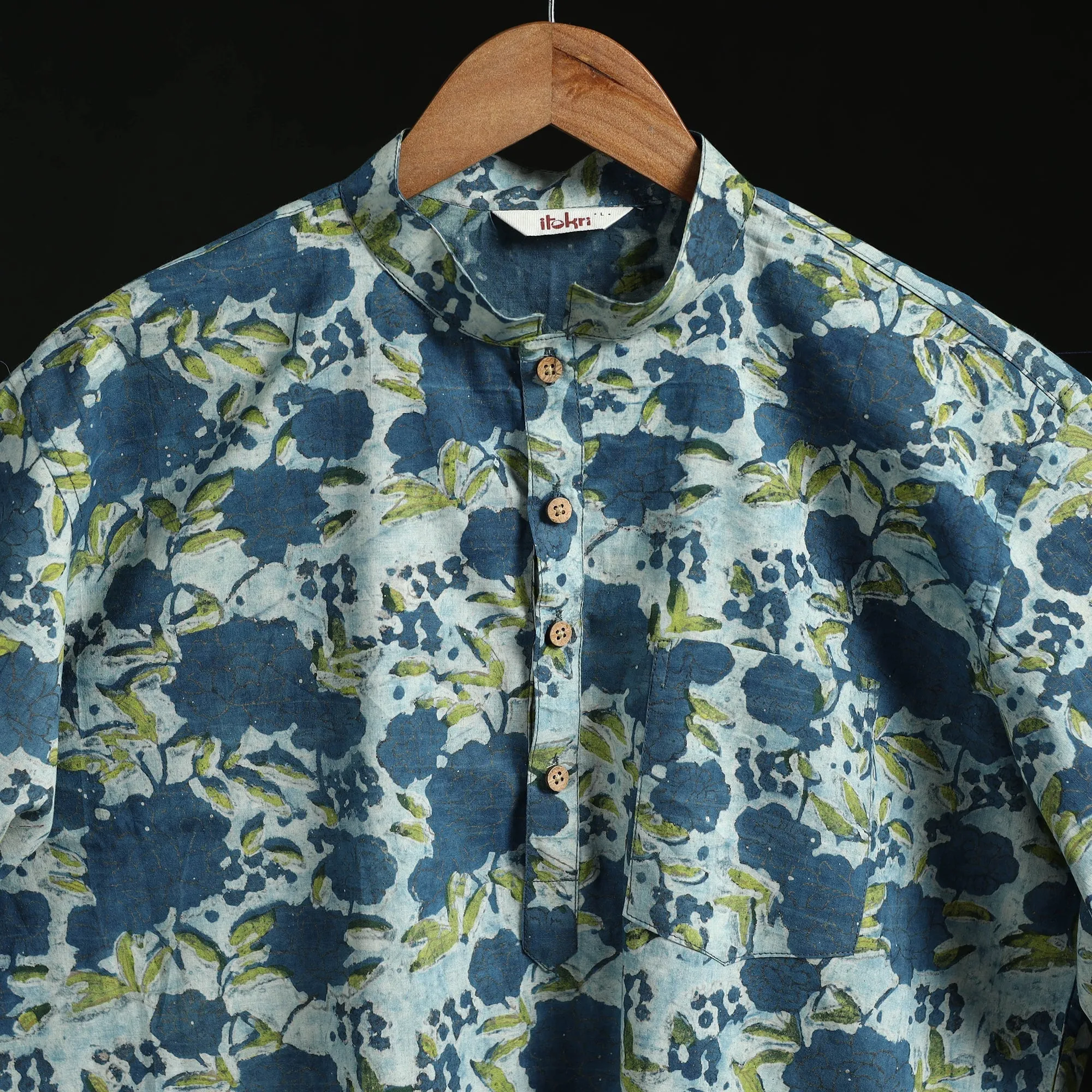 Blue - Hand Block Print Natural Dyed Cotton Short Ajrakh Dabu Bagru Kurta for Men 12 sold by Itokri product image thumbnail 4