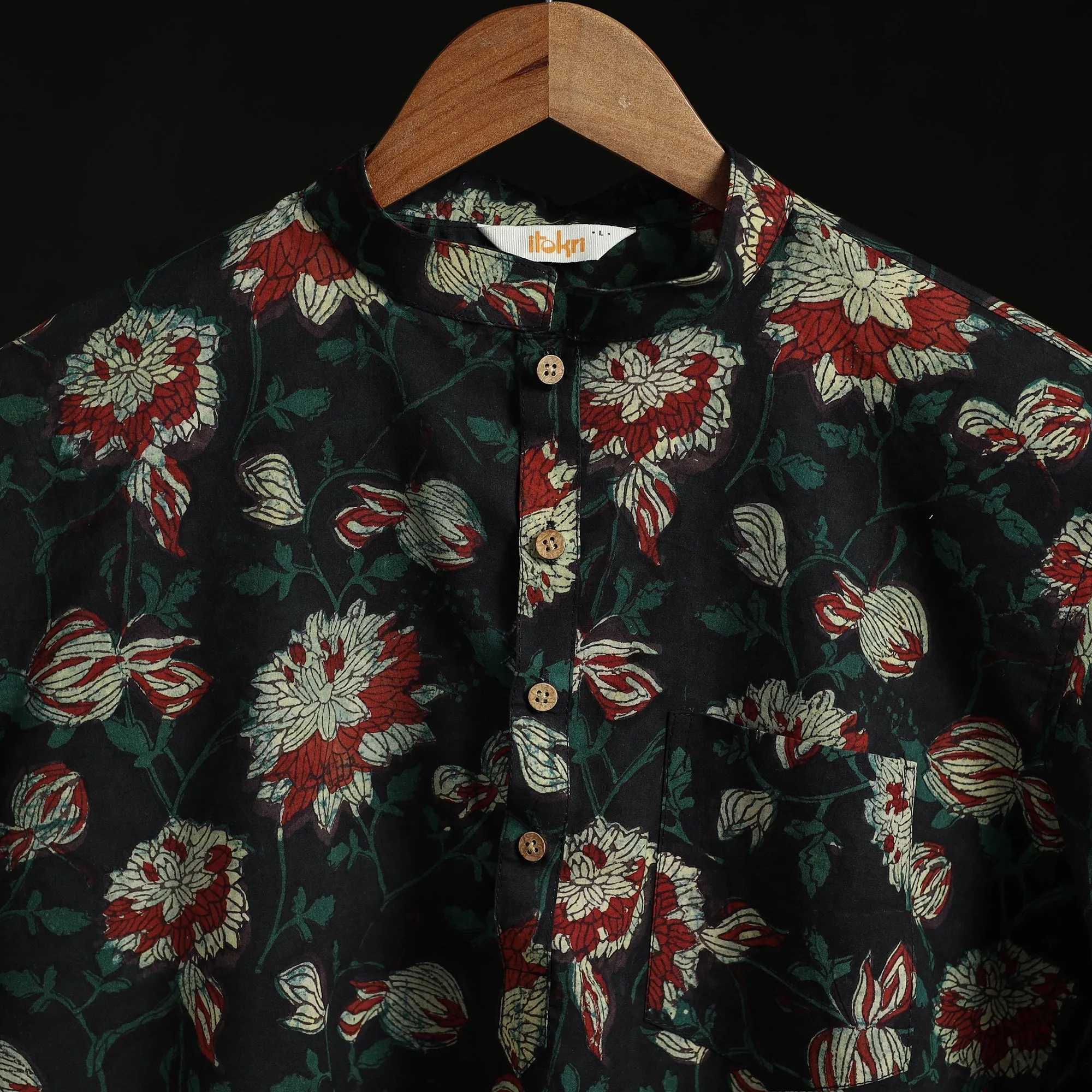 Green - Hand Block Print Natural Dyed Cotton Short Dabu Bagru Kurta for Men 10 sold by Itokri product image thumbnail 4