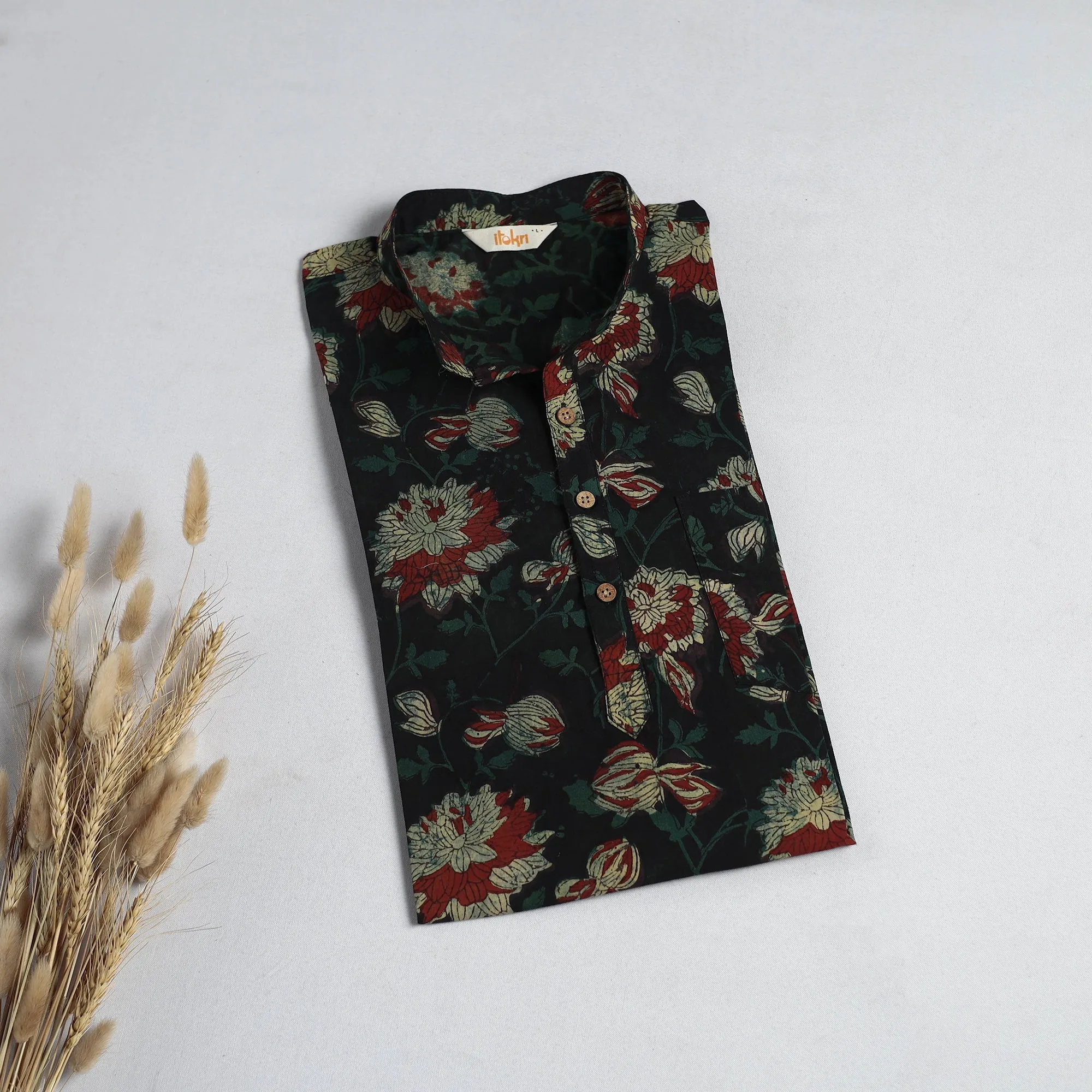 Green - Hand Block Print Natural Dyed Cotton Short Dabu Bagru Kurta for Men 10 sold by Itokri product image thumbnail 2