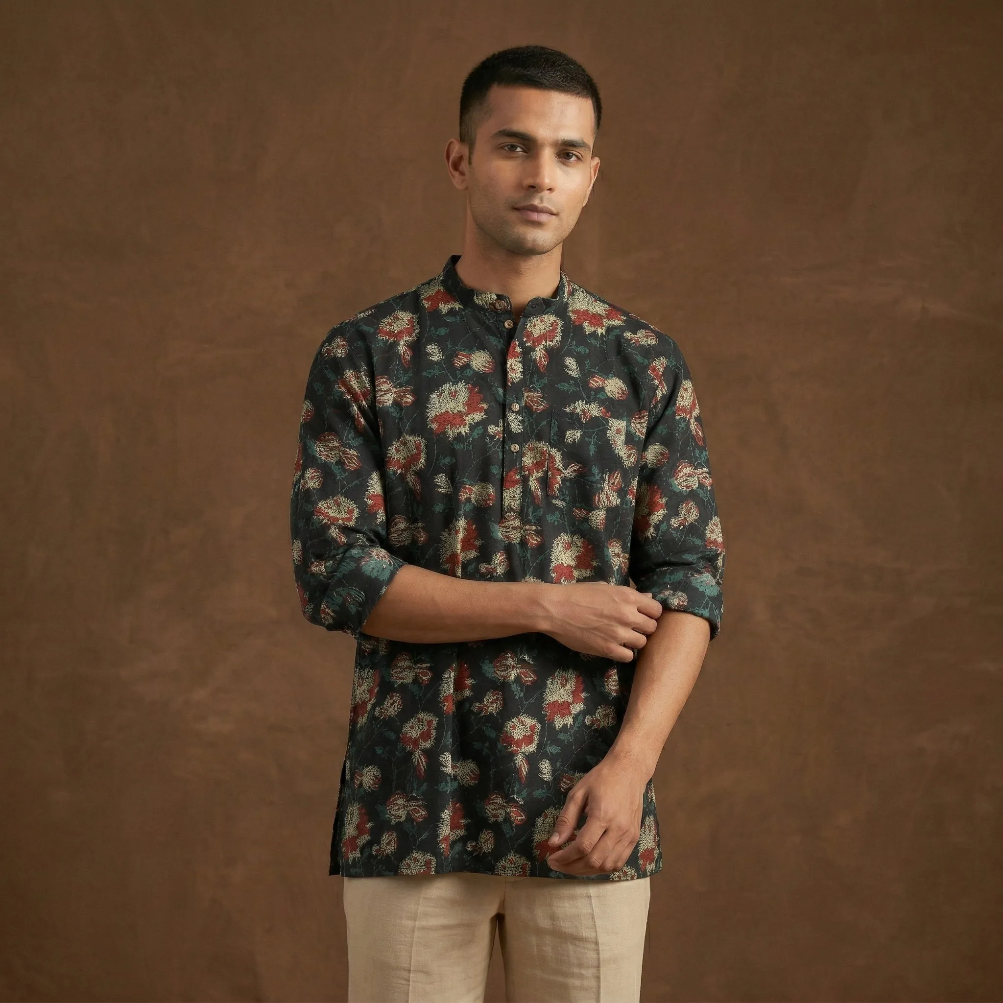 Green - Hand Block Print Natural Dyed Cotton Short Dabu Bagru Kurta for Men 10 sold by Itokri