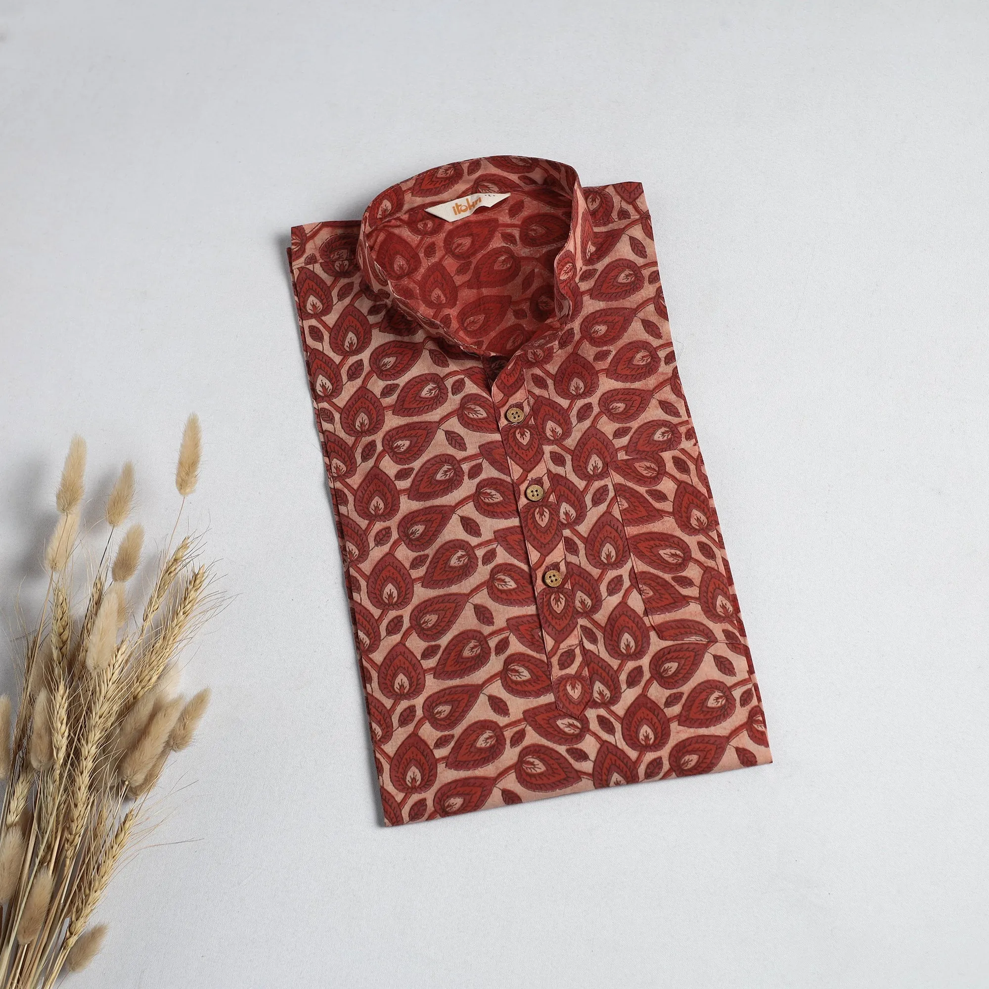 Red - Hand Block Print Natural Dyed Cotton Short Vanaspati Bagru Kurta for Men 07 sold by Itokri product image thumbnail 2