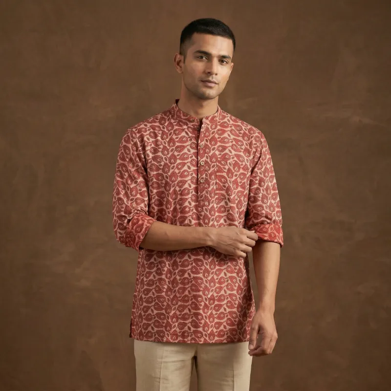 Red - Hand Block Print Natural Dyed Cotton Short Vanaspati Bagru Kurta for Men 07 made by Itokri