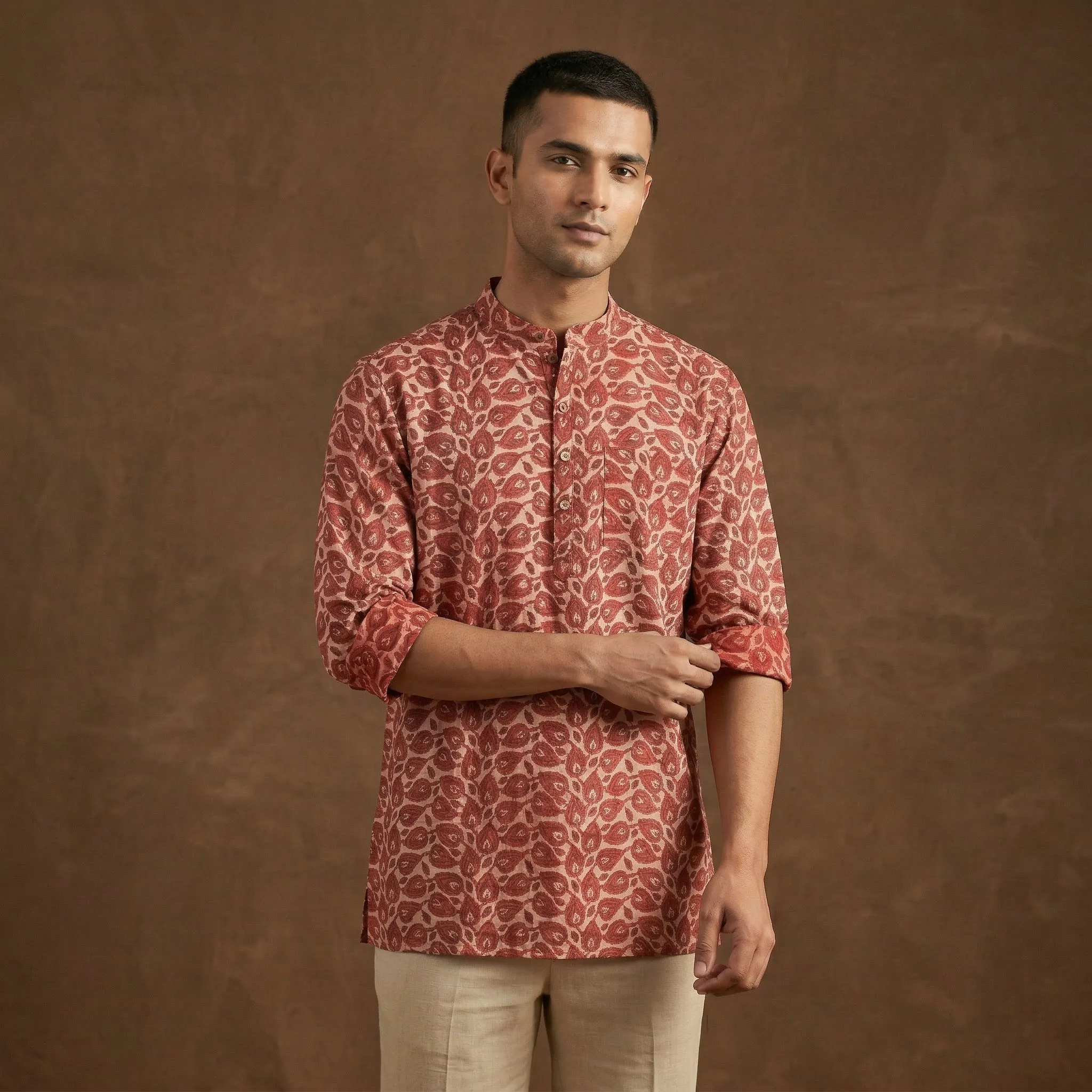 Red - Hand Block Print Natural Dyed Cotton Short Vanaspati Bagru Kurta for Men 07 sold by Itokri