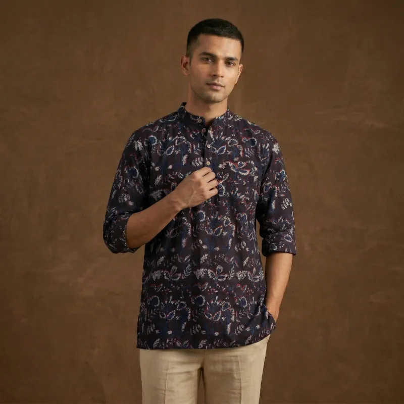Brown - Hand Block Print Natural Dyed Cotton Short Dabu Bagru Kurta for Men 01 made by Itokri