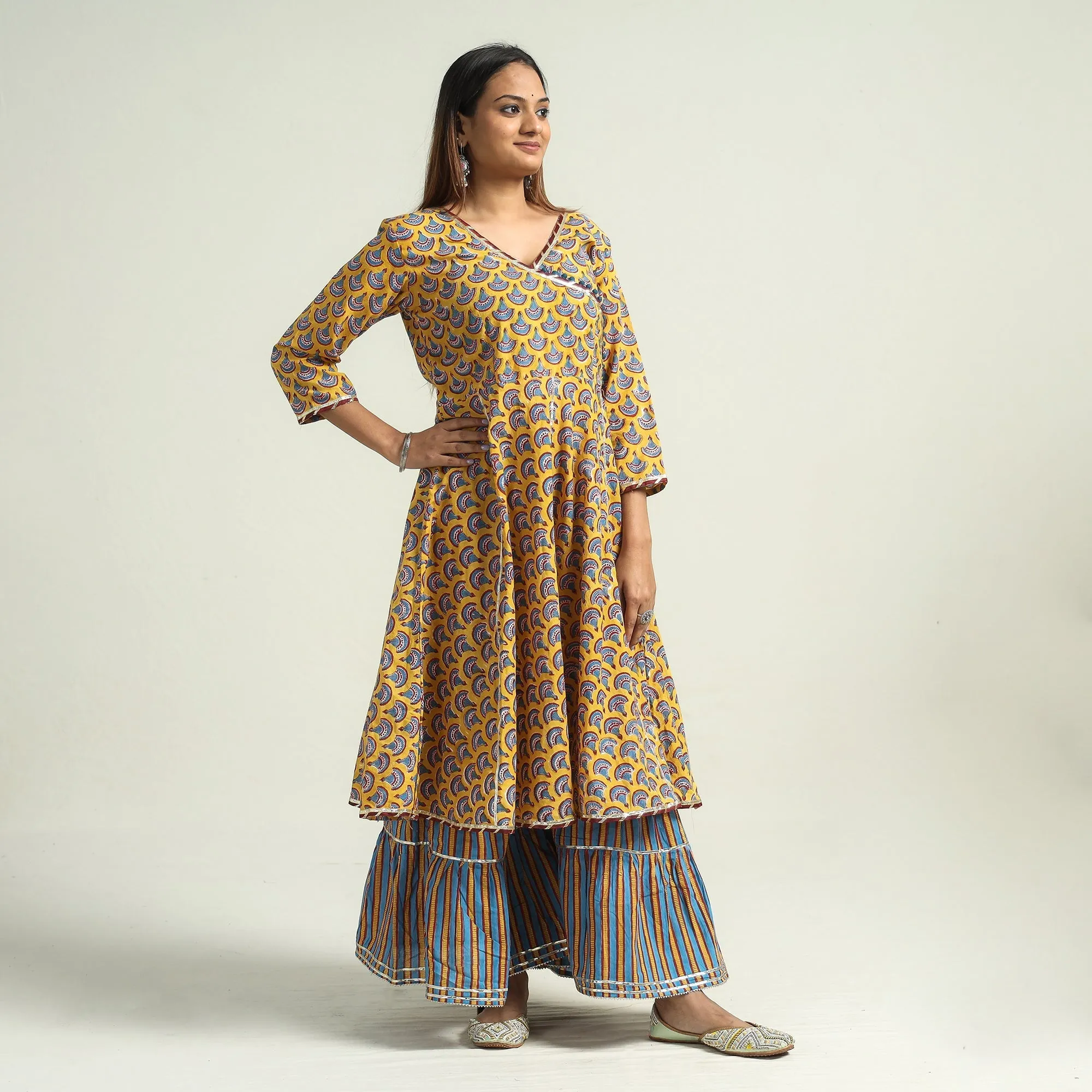 Yellow - Sanganeri Block Printed Cotton Kurta with Sharara Set sold by Itokri product image thumbnail 2